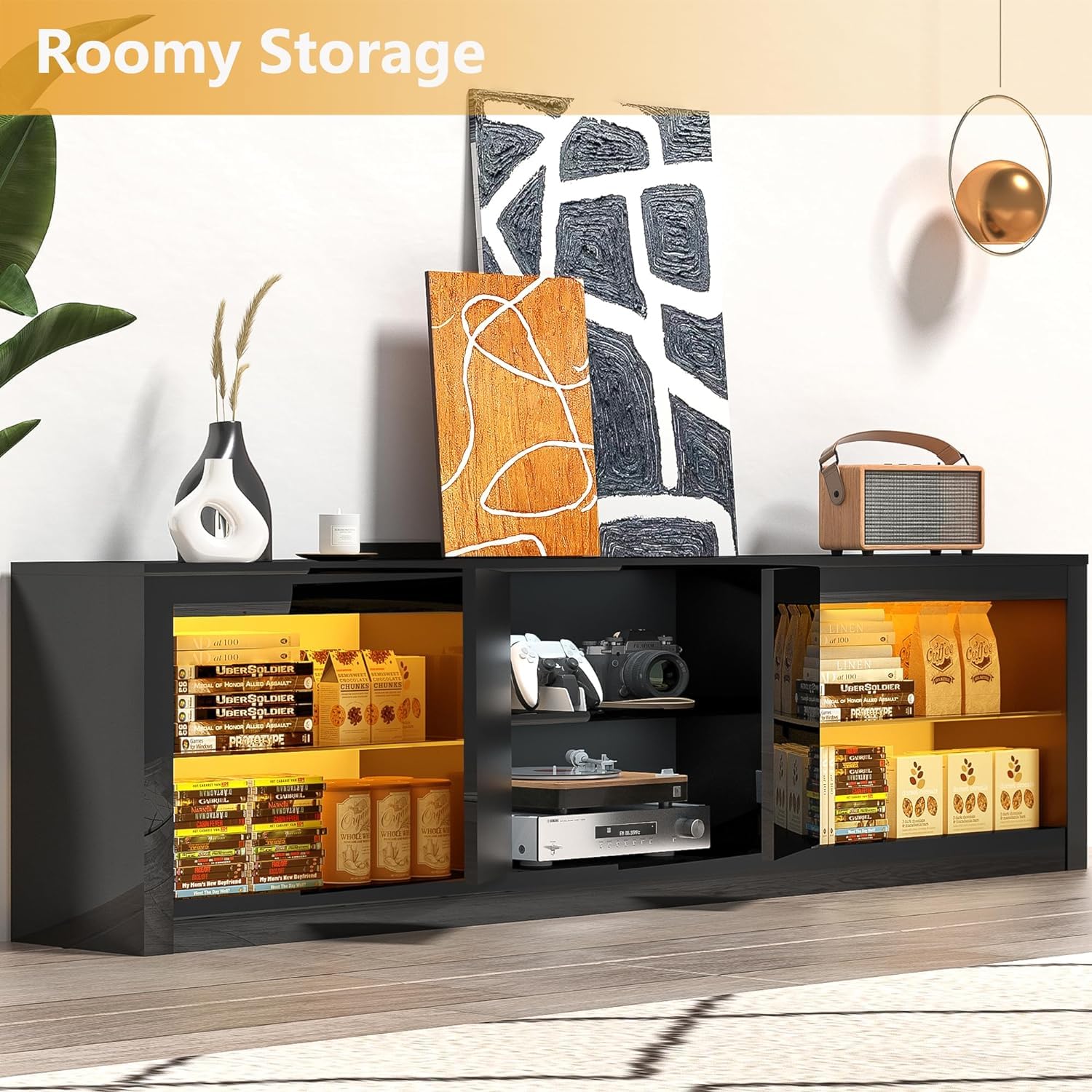 ChVans Large LED TV Stand for 80/85/90" TV with Power Outlets, Living Room Entertainment Center with Storage Drawers&Cabinets Furniture, Black High Gloss TV Cabinet Console Table-80.6"