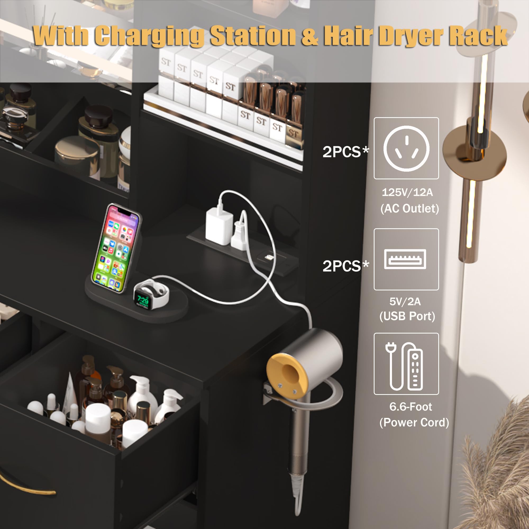 Large Vanity Desk Set with Mirror & LED Light & Power Outlet, 47" White Makeup Vanity with 6 Shelves & 7 Drawers for Women, Girls Gift