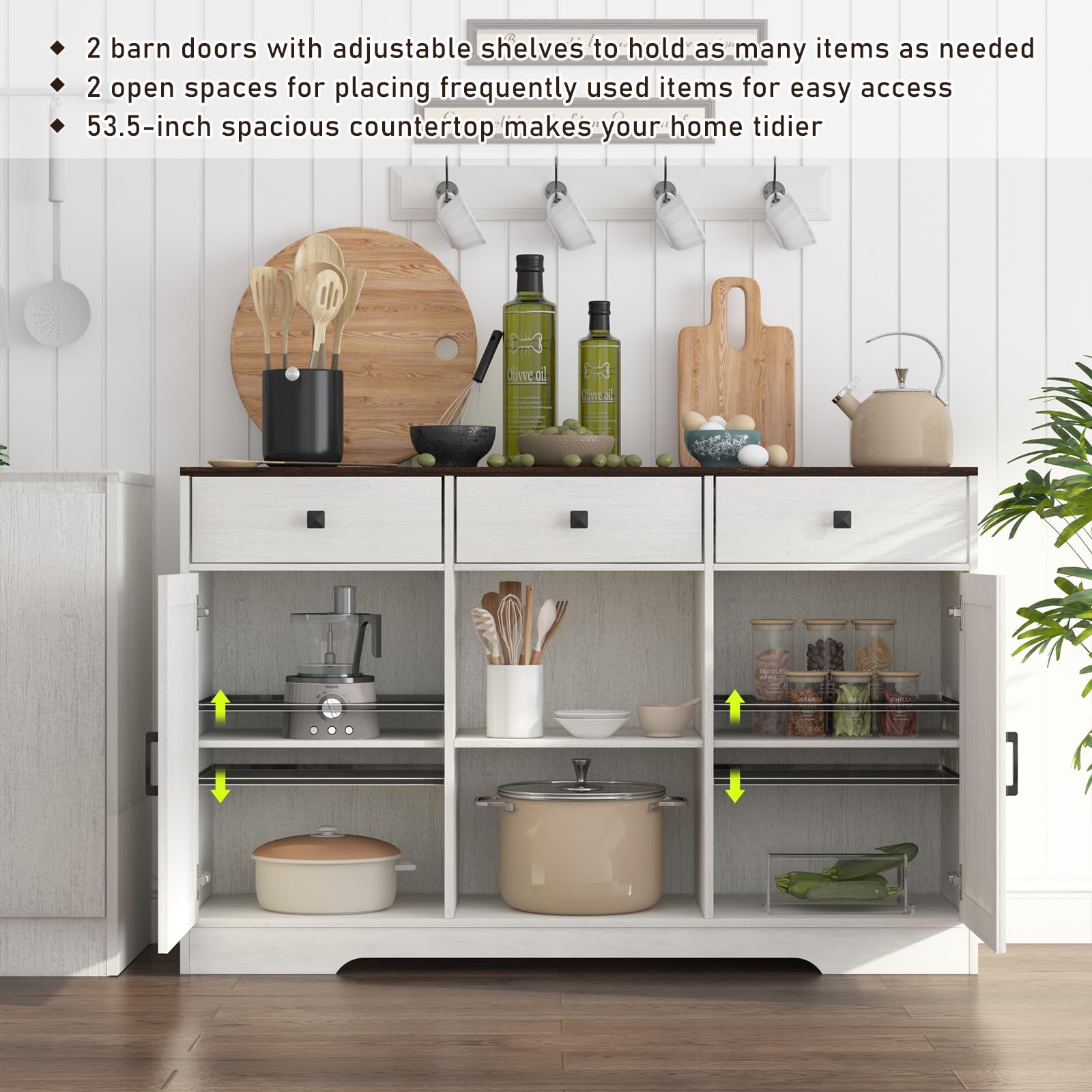 ChVans 54'' 3 Drawer Coffee Bar Cabinet with Power Charging Station & & 2 Doors