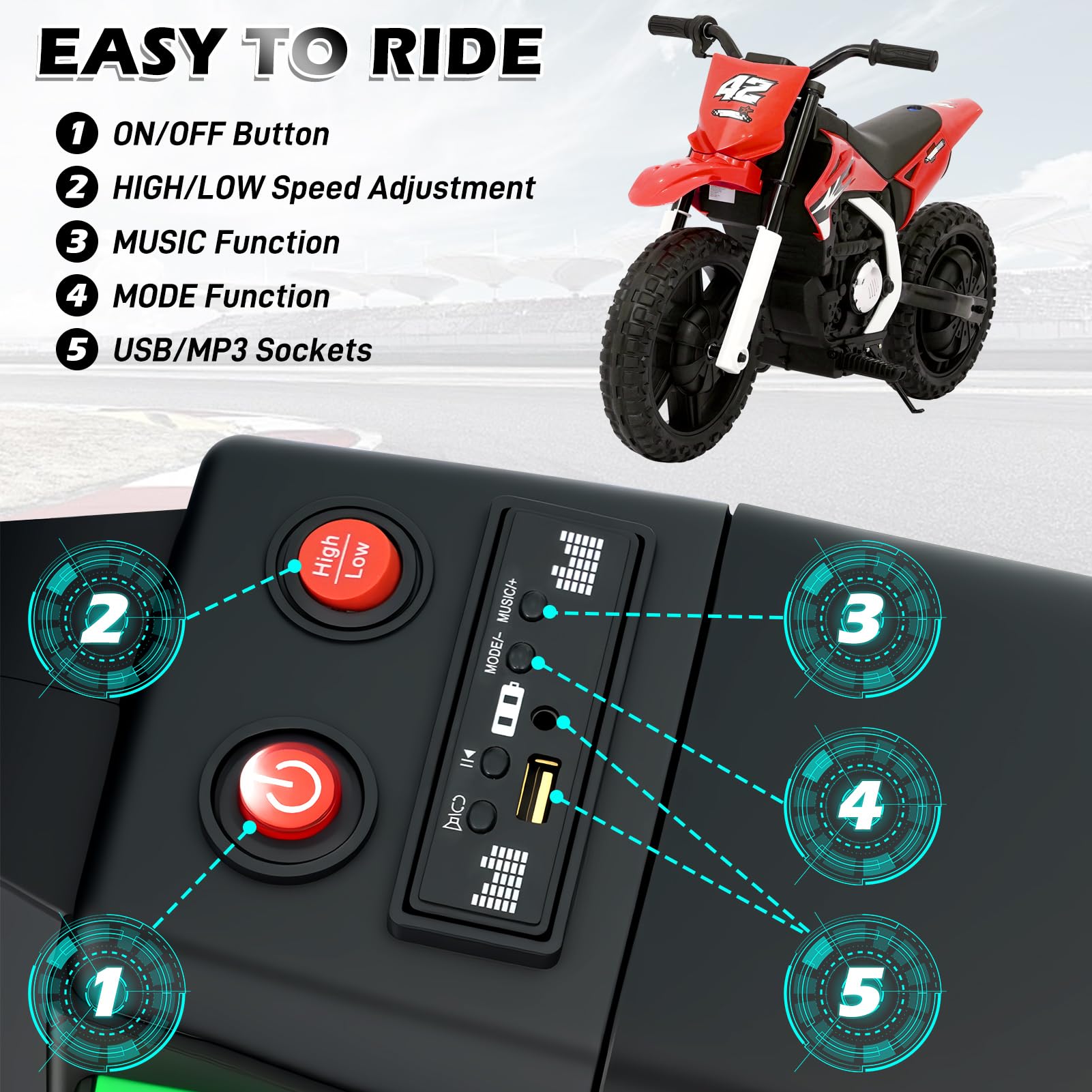 ChVans Kids Ride on Motorcycle for Kids 3-10, 24V Battery Powered Bike Electric Motorbike with Treaded Tires and USB/Music Player, Electric Dirt Bike, Up to 11MPH,2-Speed Modes, Blue