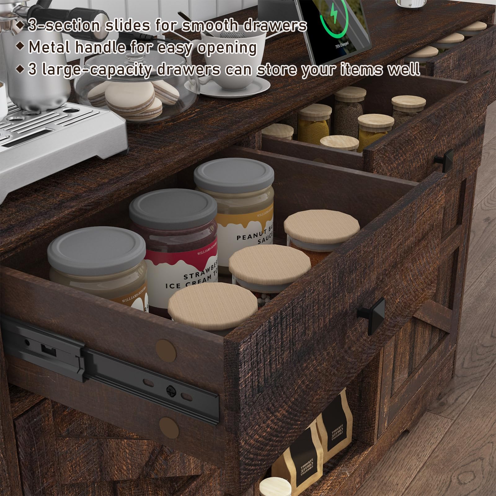 ChVans 54'' 3 Drawer Coffee Bar Cabinet with Power Charging Station & & 2 Doors