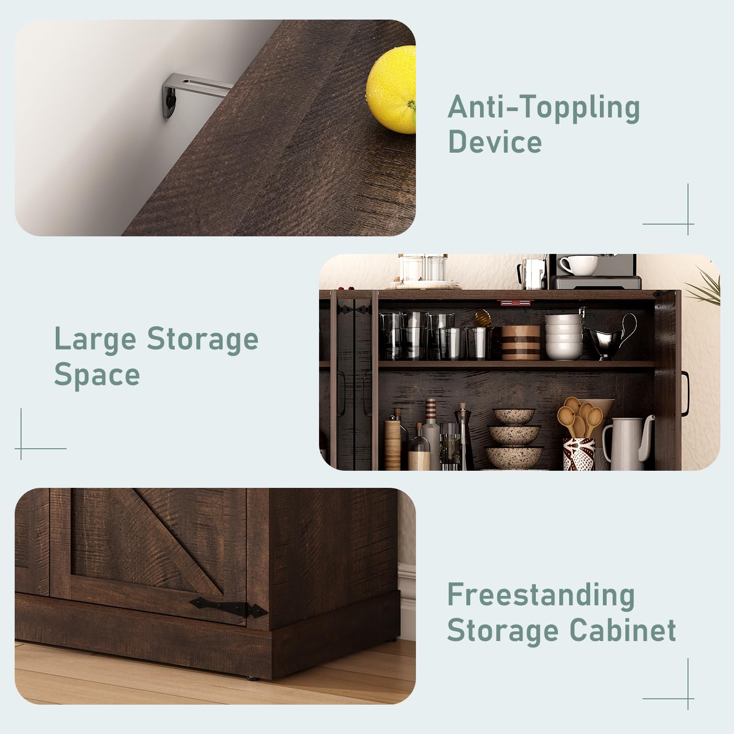 ChVans 65" Large Farmhouse Coffee Bar Cabinet with 4 Barn Doors, 34"H Wood Kitchen Pantry Cabinet W/4 Adjustable Shelves, Buffet Storage Cabinet for Kitchen, Dining Room, Living Room, White-Brown