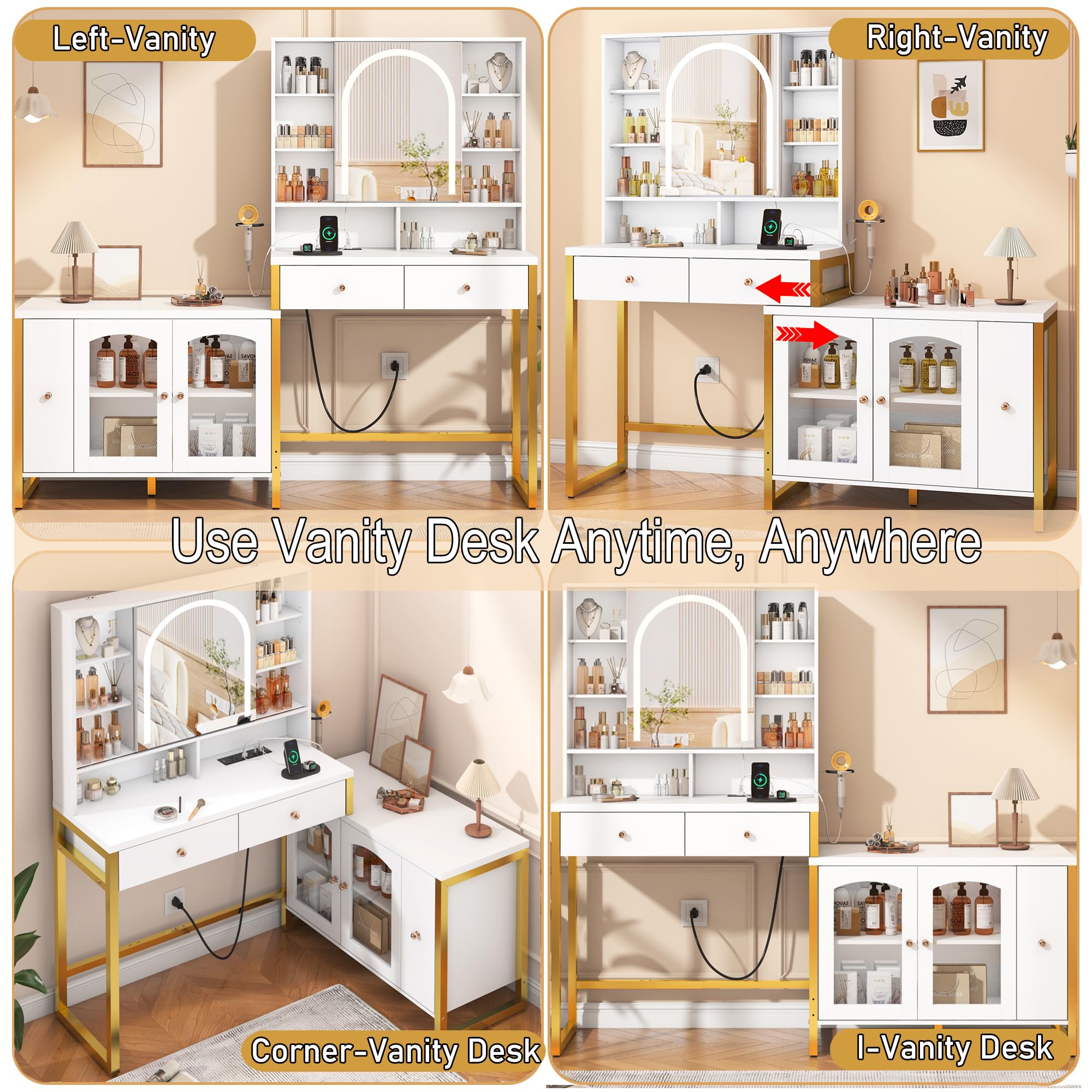 ChVans Corner Vanity Desk with Sliding Mirror and Lights, White and Gold Desk Vanity Tables with Storage Cabinet, Dressing Table for Girls, Women, White