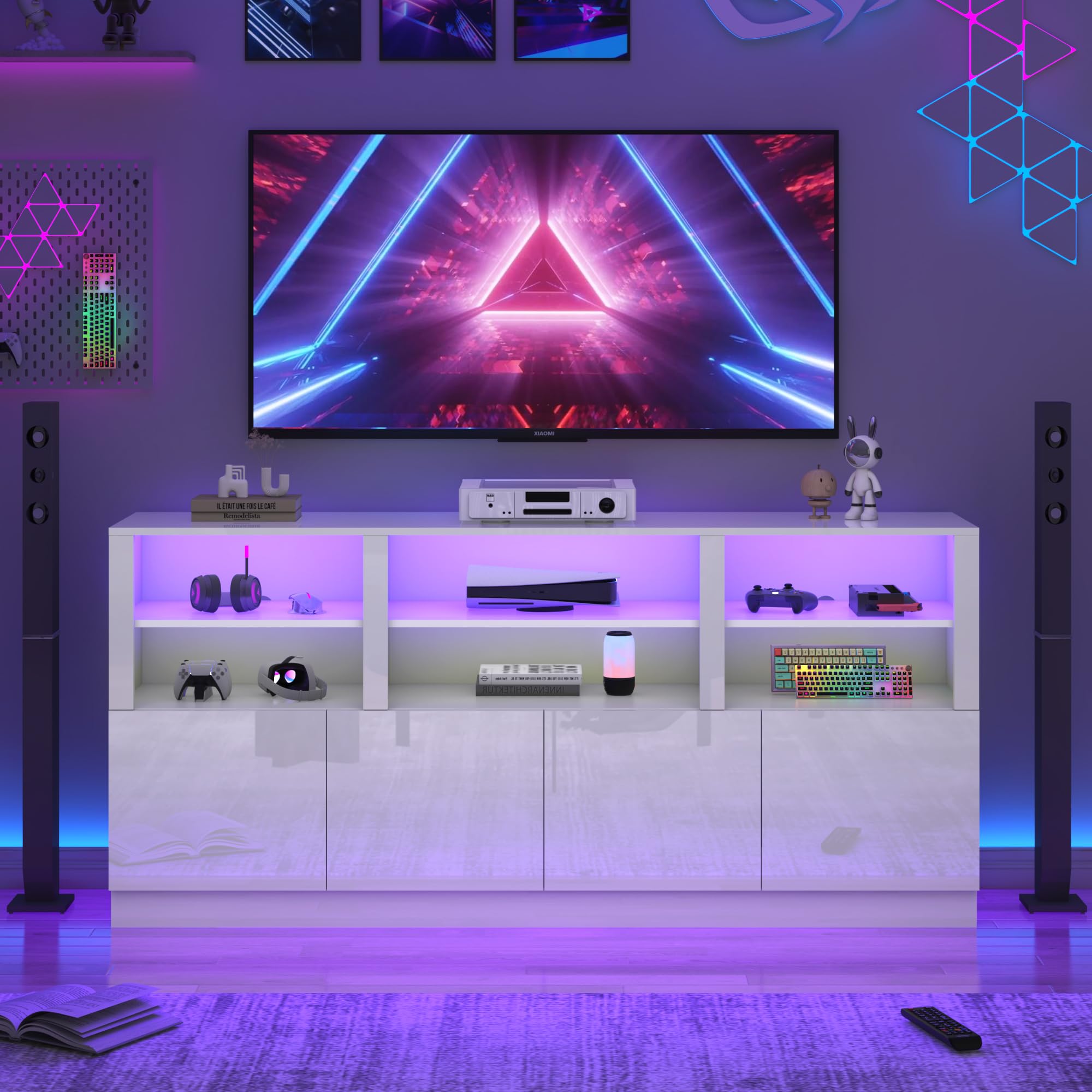 ANPOO LED TV Stand for 75” 80" 85" TVs, Tall Entertainment Center with 4 Door Storage Cabinets