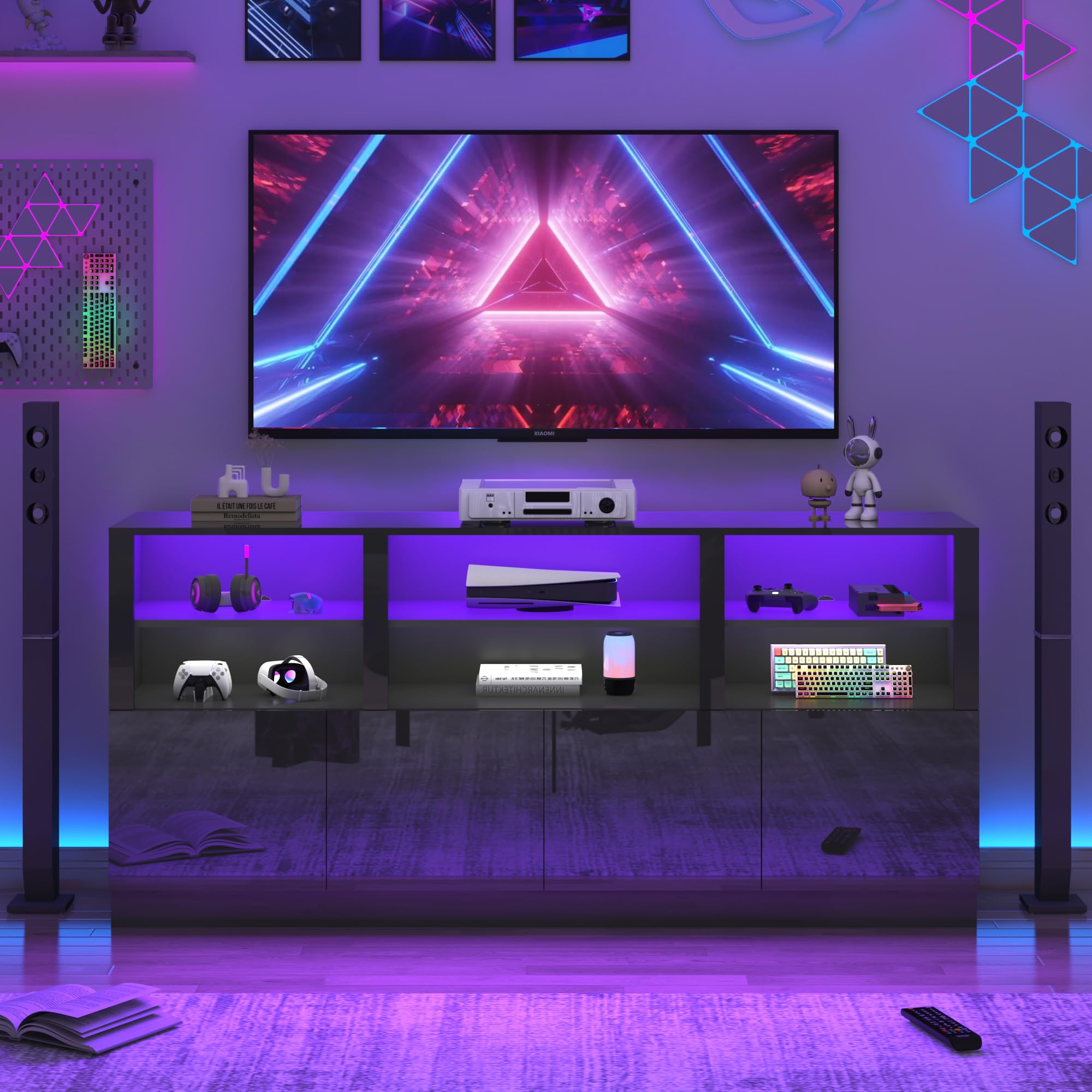 ANPOO LED TV Stand for 75” 80" 85" TVs, Tall Entertainment Center with 4 Door Storage Cabinets