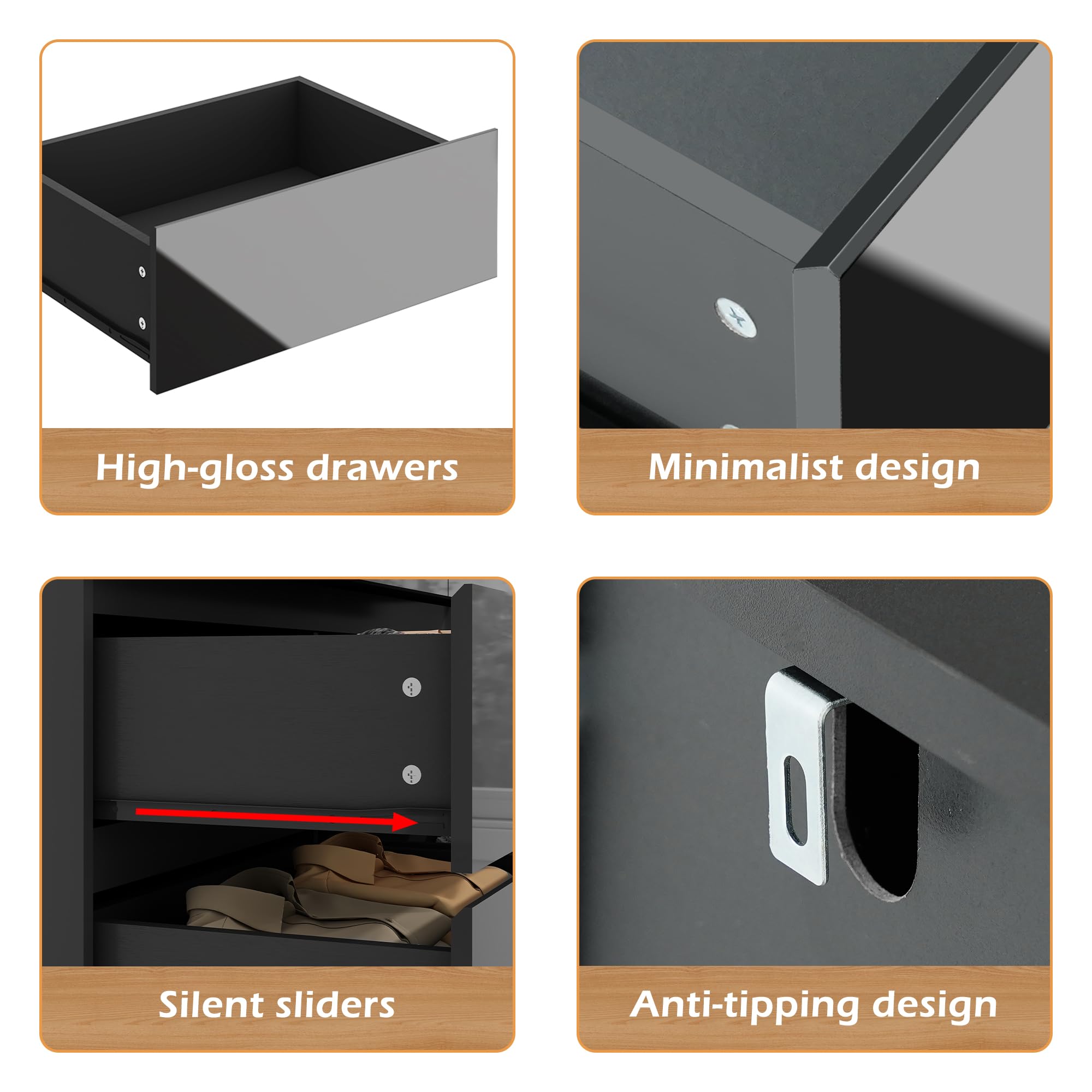 ChVans 8 Drawer Black Dresser for Bedroom, Modern High Gloss 8 Drawers Double Dressers, Wood Chest of Drawer Handle Free,Long Dresser for Bedroom,Living Room,Entryway,Hallway