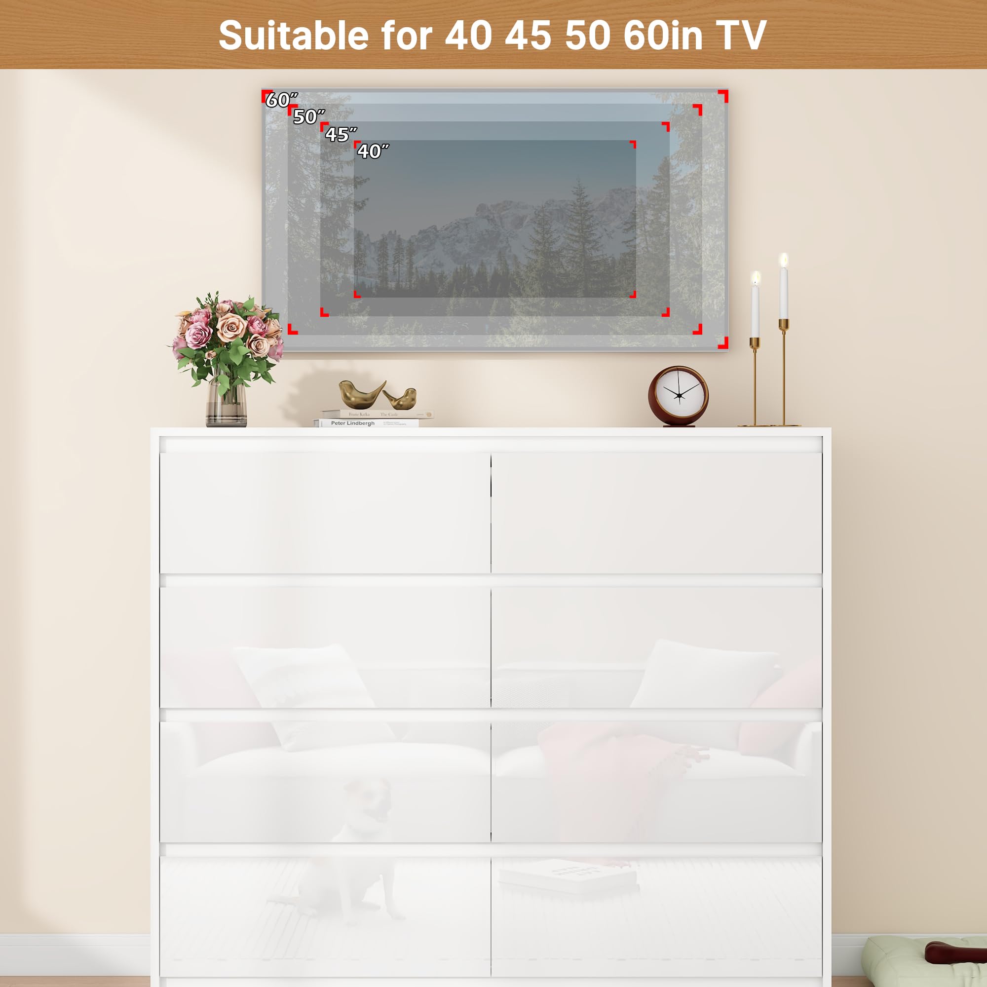 ChVans 8 Drawer Black Dresser for Bedroom, Modern High Gloss 8 Drawers Double Dressers, Wood Chest of Drawer Handle Free,Long Dresser for Bedroom,Living Room,Entryway,Hallway