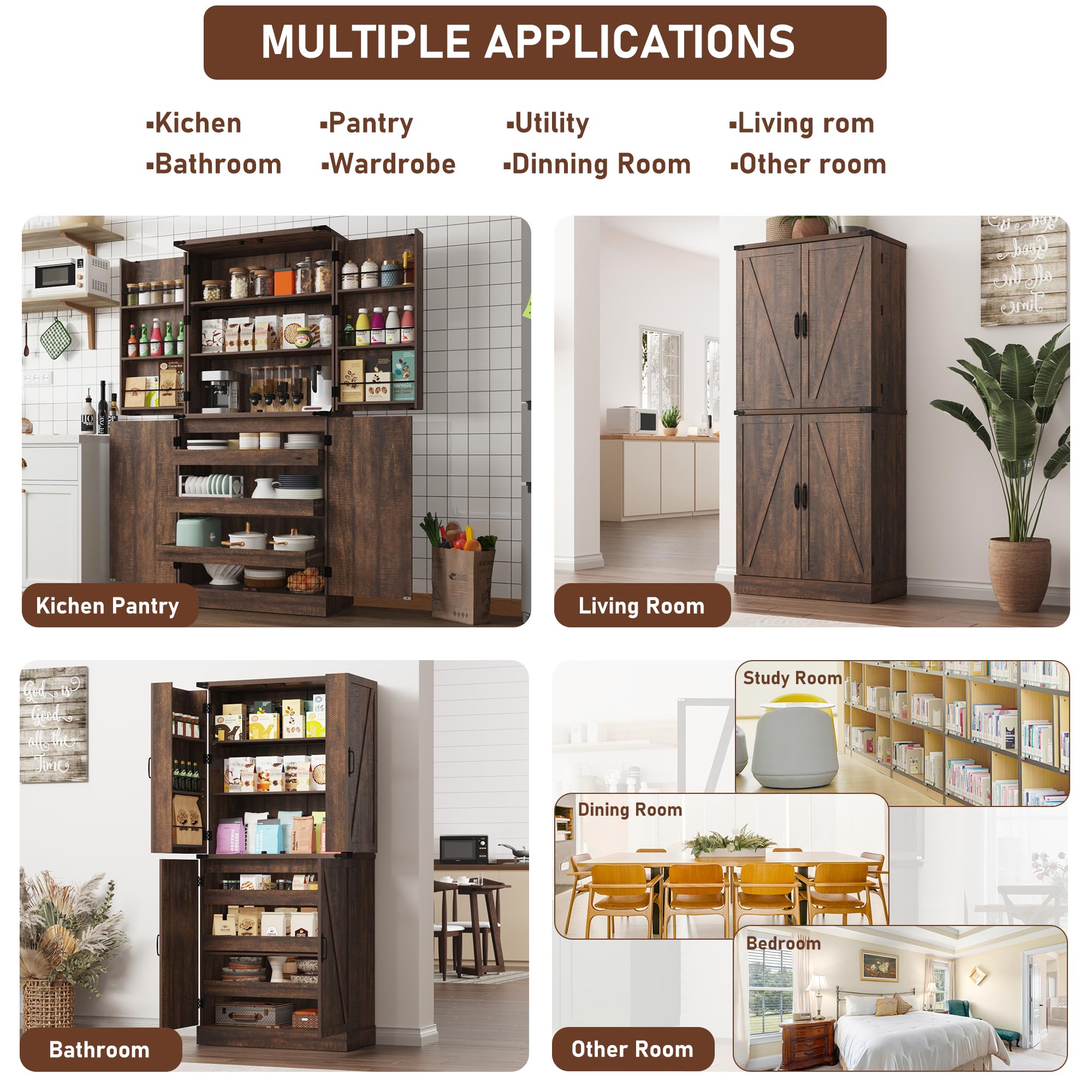 ChVans 71" Tall Farmhouse Kitchen Pantry with 6 Door Shelves & 3 Pack Drawers, 7 Layers Pantry Storage Cabinet w/Load-Bearing Steel Pipe/4 Barn Doors for Kitchen, Dining Room, Living Room,Brown
