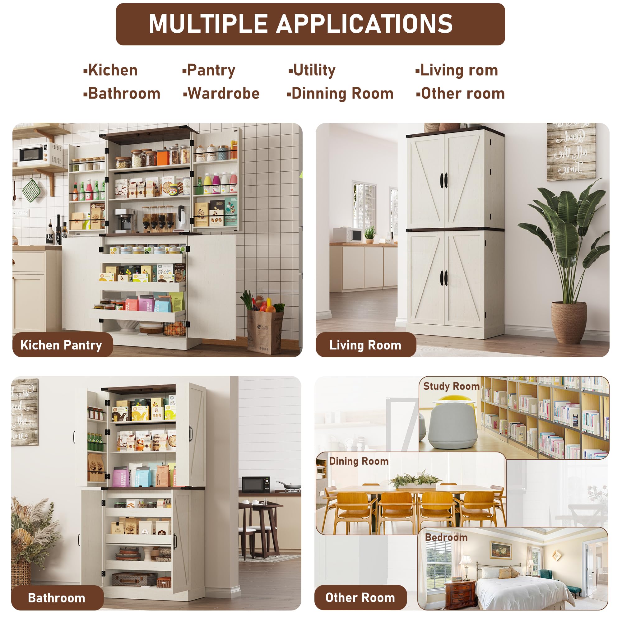 ChVans 71" Tall Farmhouse Kitchen Pantry with 6 Door Shelves & 3 Pack Drawers, 7 Layers Pantry Storage Cabinet w/Load-Bearing Steel Pipe/4 Barn Doors for Kitchen, Dining Room, Living Room,Brown