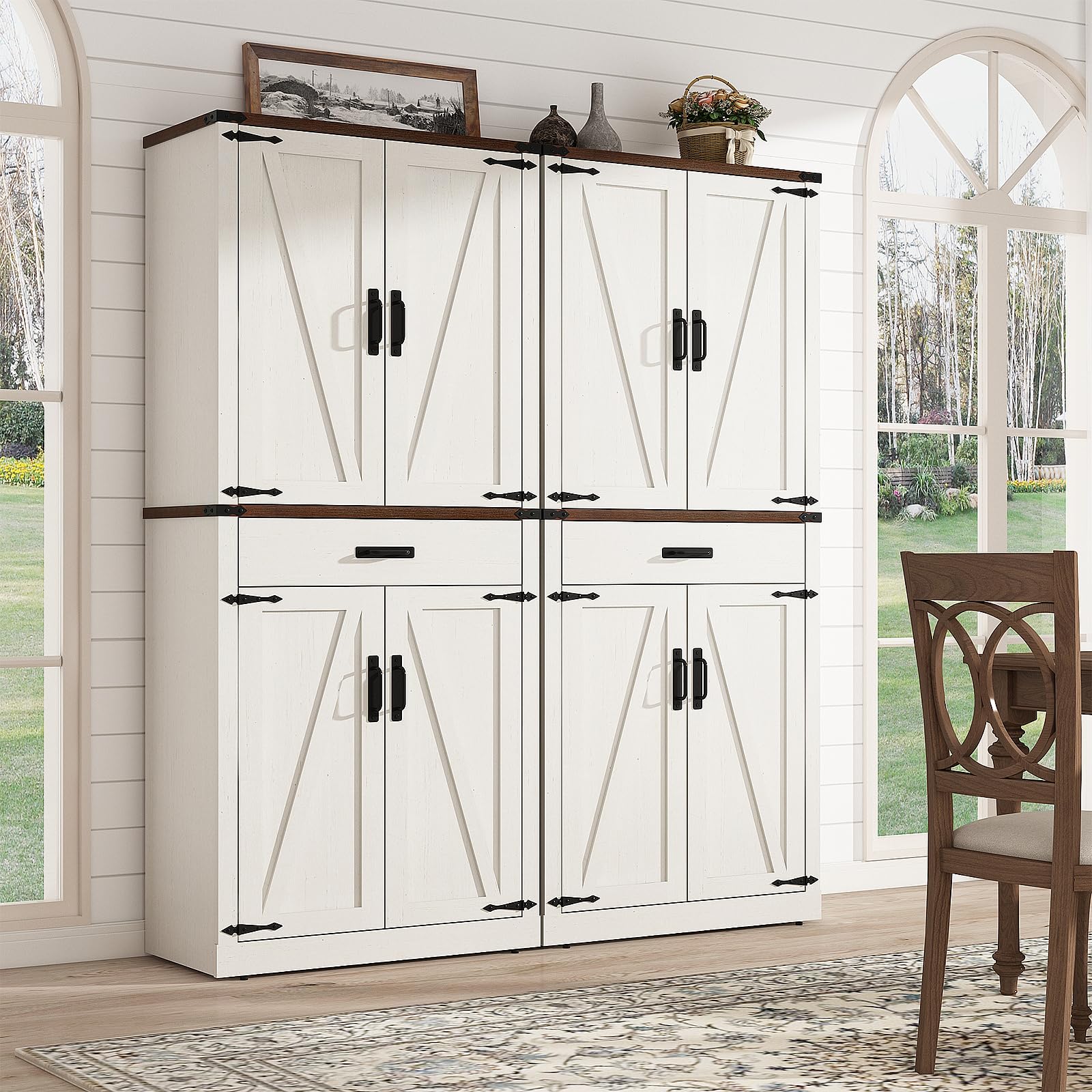 ChVans 72" Tall Farmhouse Kitchen Pantry with Drawer & Adjustable Shelves, 5 Layers Pantry Storage Cabinet w/Load-Bearing Steel Pipe & 4 Barn Doors for Kitchen, Dining Room, Living Room,Brown
