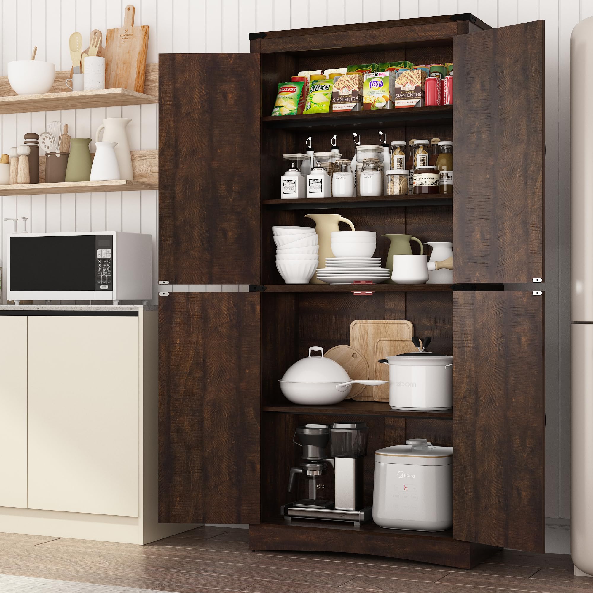 ChVans 71" Tall Farmhouse Kitchen Pantry with Adjustable Shelves,5 Layers Pantry Storage Cabinet with Load-Bearing Steel Pipe&4 Barn Doors for Kitchen,Dining Room,Living Room ,(Brown-71")