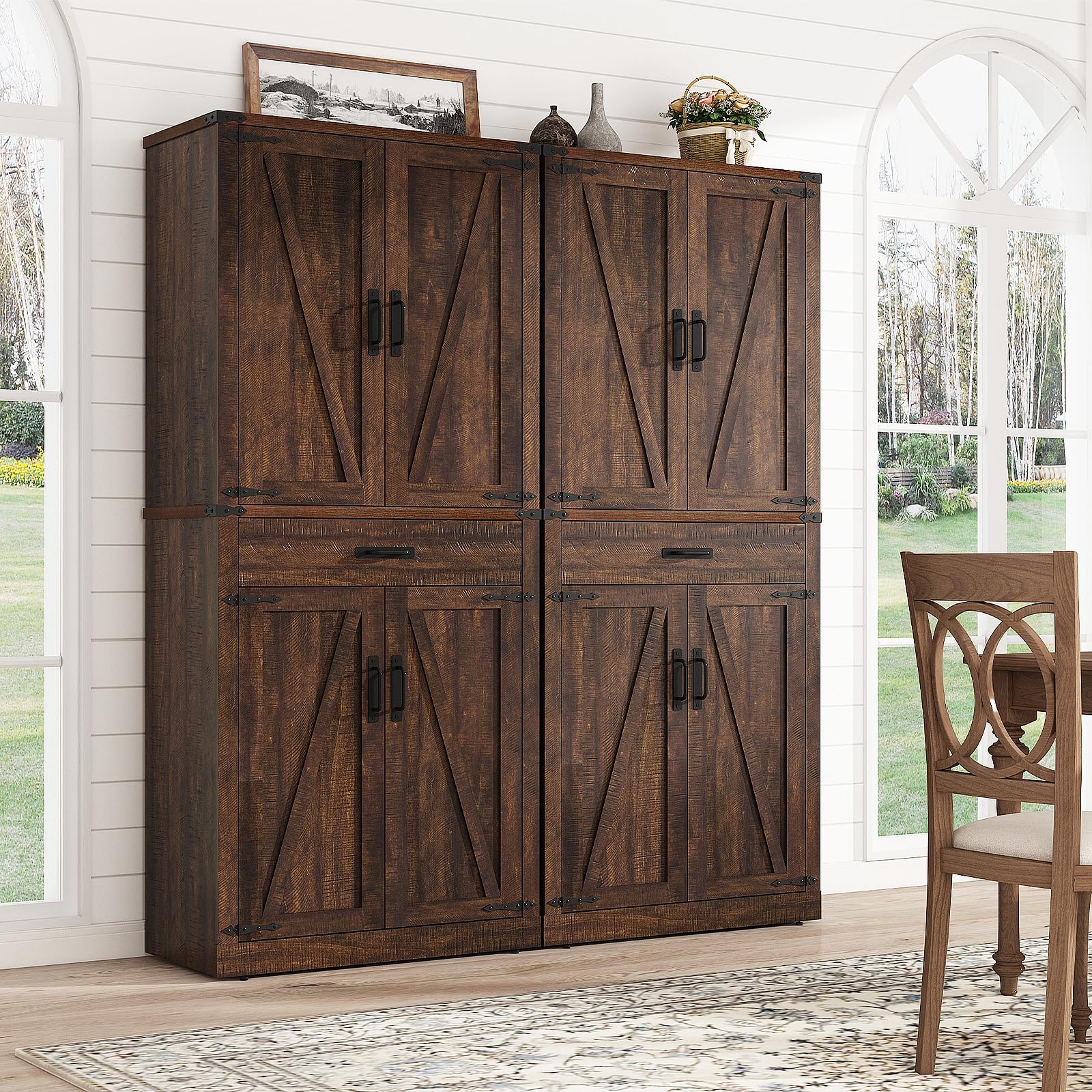 ChVans 72" Tall Farmhouse Kitchen Pantry with Drawer & Adjustable Shelves, 5 Layers Pantry Storage Cabinet w/Load-Bearing Steel Pipe & 4 Barn Doors for Kitchen, Dining Room, Living Room,Brown