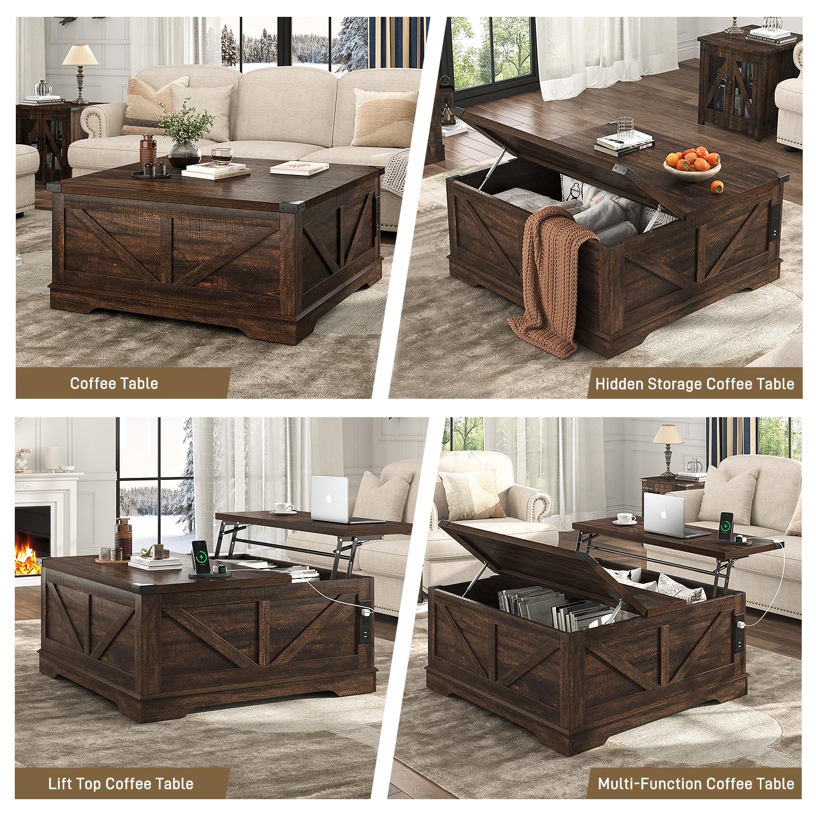 ChVans 35.6" Square Lift Top Coffee Table, Farmhouse Coffee Table with Storage & Charging Ports, Wood Center Table w/Large Hidden Space for Living Room Home Office, Brown