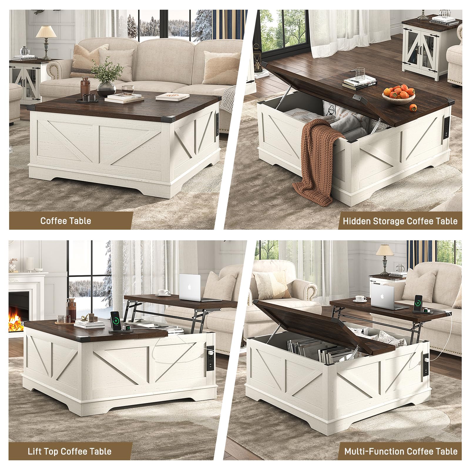 ChVans 35.6" Square Lift Top Coffee Table, Farmhouse Coffee Table with Storage & Charging Ports, Wood Center Table w/Large Hidden Space for Living Room Home Office, Brown