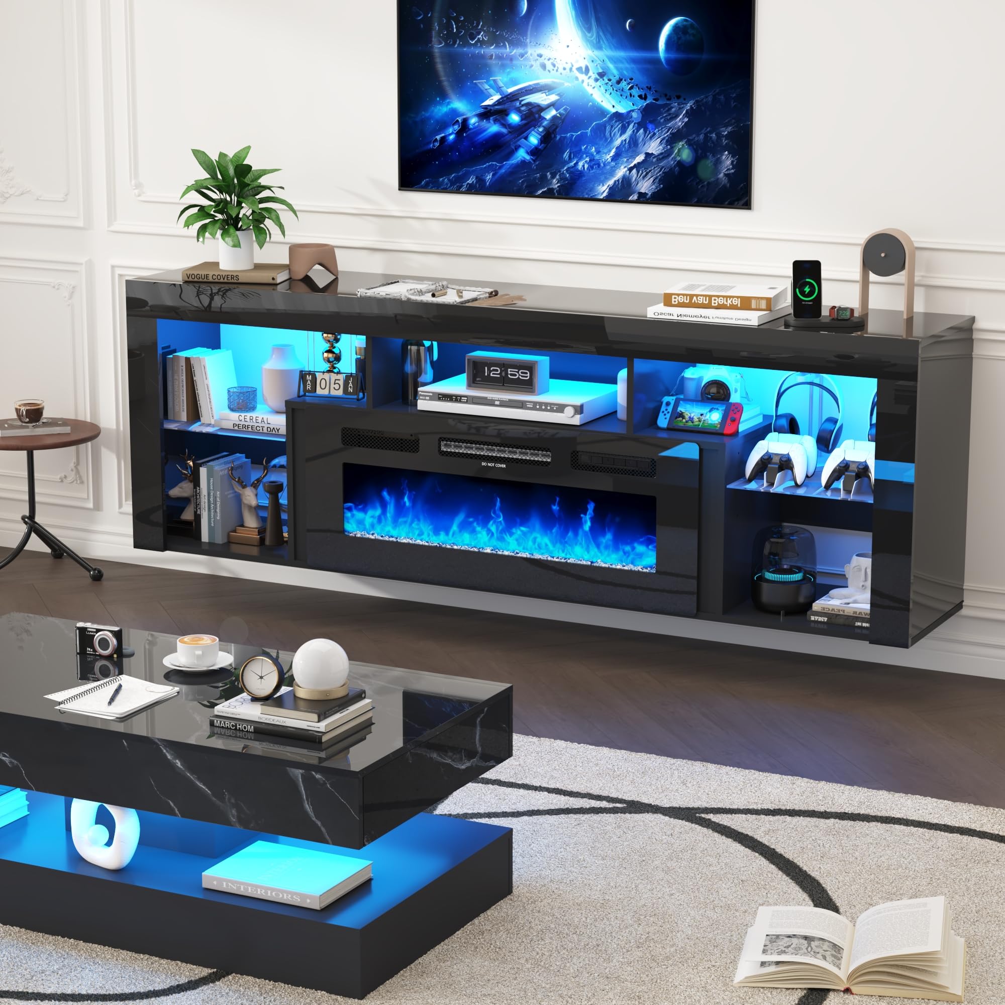 71'' Floating Fireplace TV Stand for 75/80''TV with 40'' Fireplace, LED Modern White High Gloss Entertainment Center w/lights, Power Outlet, Adjustable Shelf, 2-Tier TV Console Cabinet with Storage