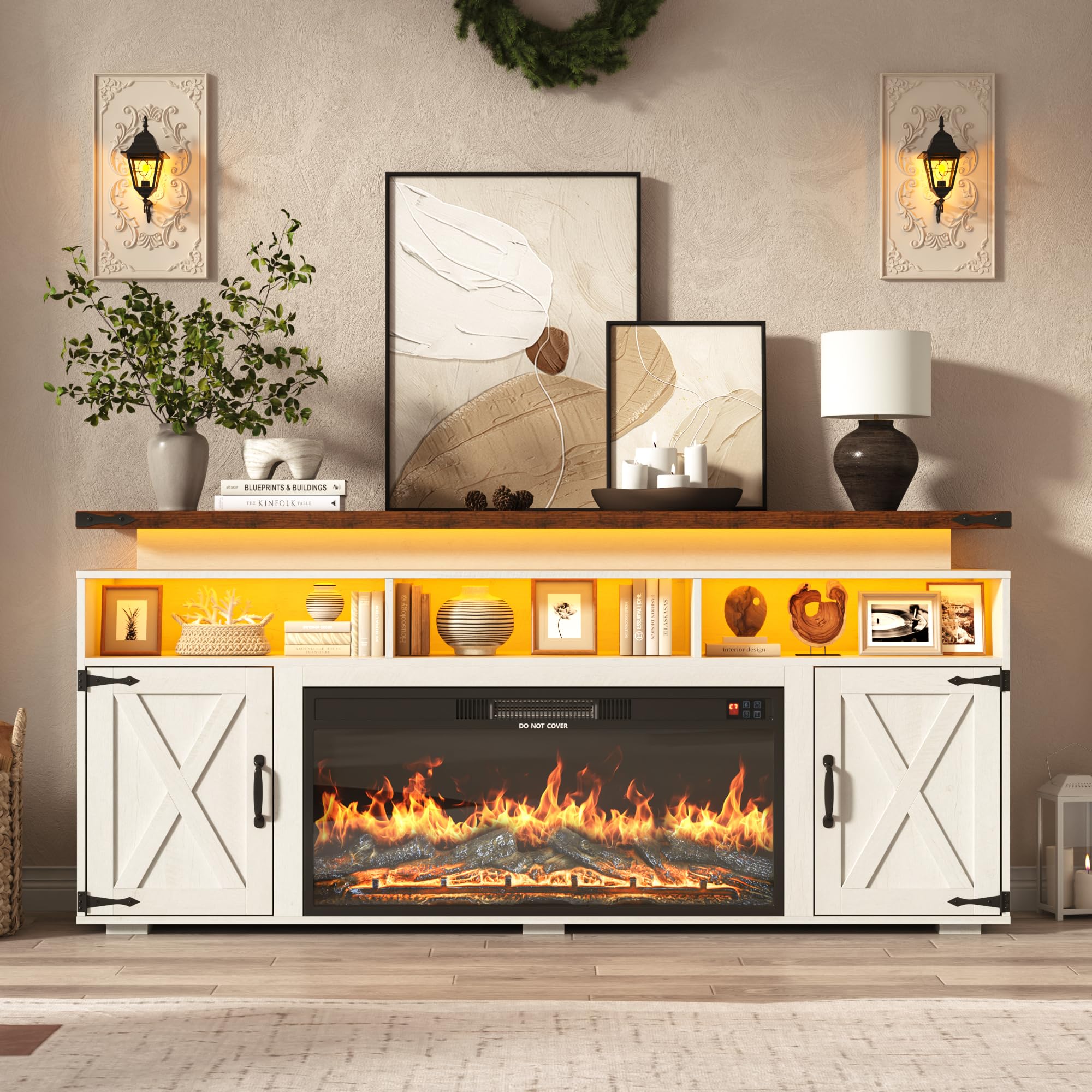 ChVans 70.8" Farmhouse Fireplace TV Stand for TVs up to 80" with 36" Electric Fireplace, 32" Tall Entertainment Center with Power Outlet/LED Lights, Media Console w/Sliding Barn Door for Living Room