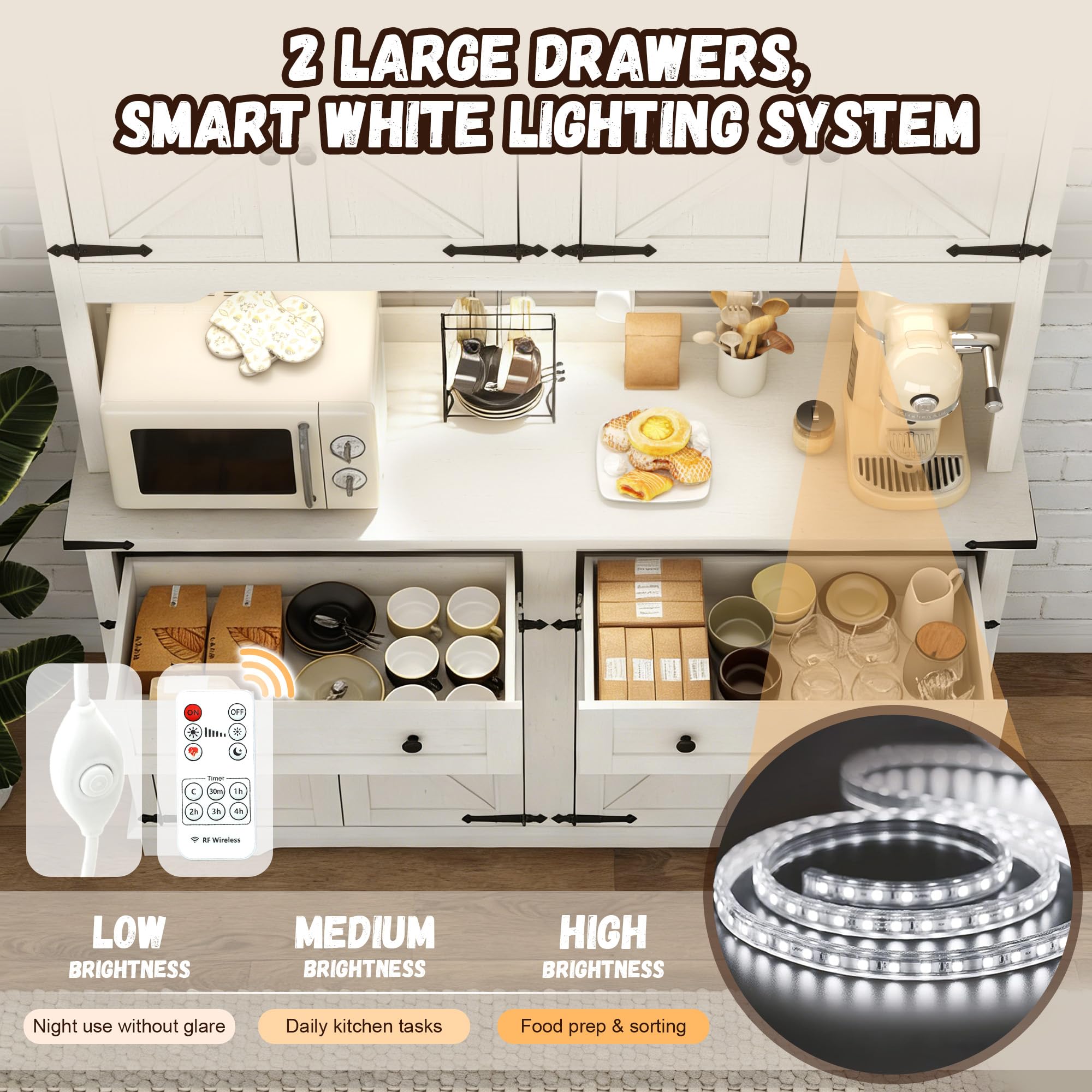 ANPOO 71" Tall Farmhouse Kitchen Pantry Cabinet with LED Light, Power Outlet & 4 Doors with Door-mounted Storage, Large Freestanding Storage Hutch with Open Countertop for Dining Room, Living Room