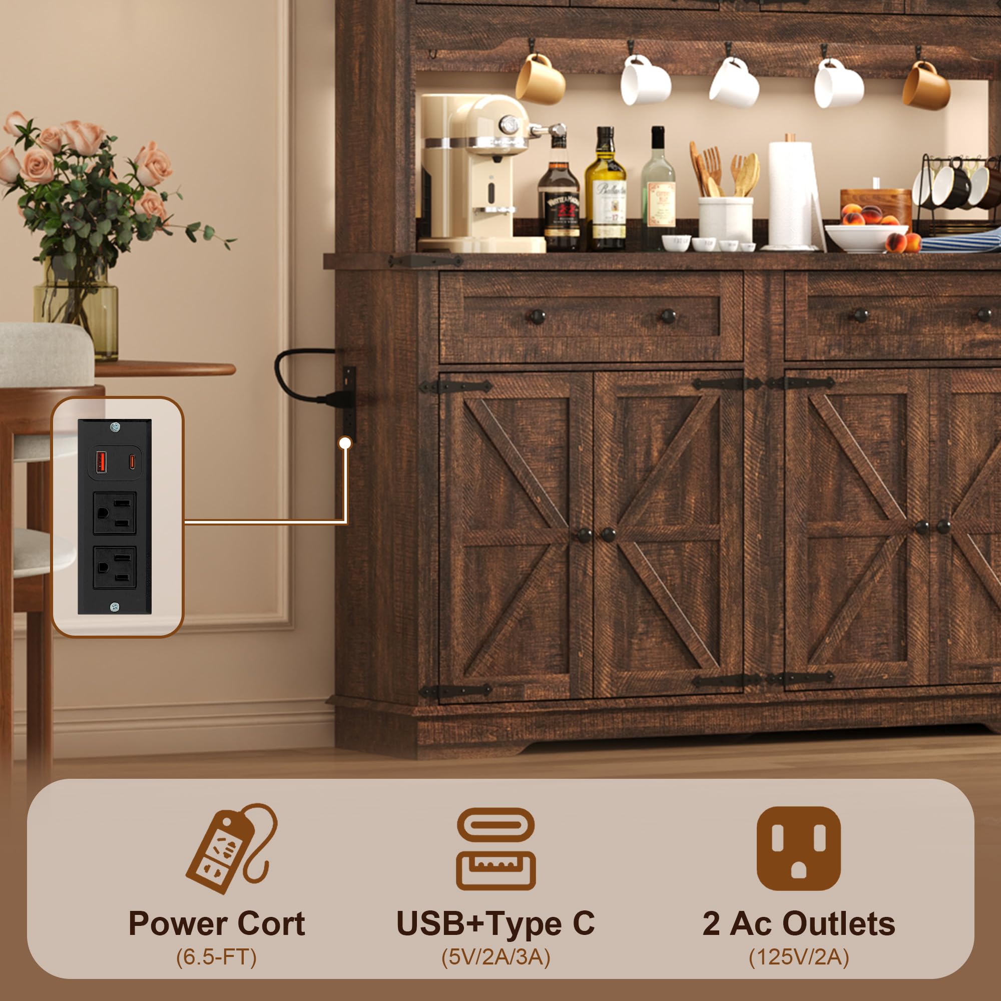 ANPOO 71" Tall Farmhouse Kitchen Pantry Cabinet with LED Light, Power Outlet & 4 Doors with Door-mounted Storage, Large Freestanding Storage Hutch with Open Countertop for Dining Room, Living Room