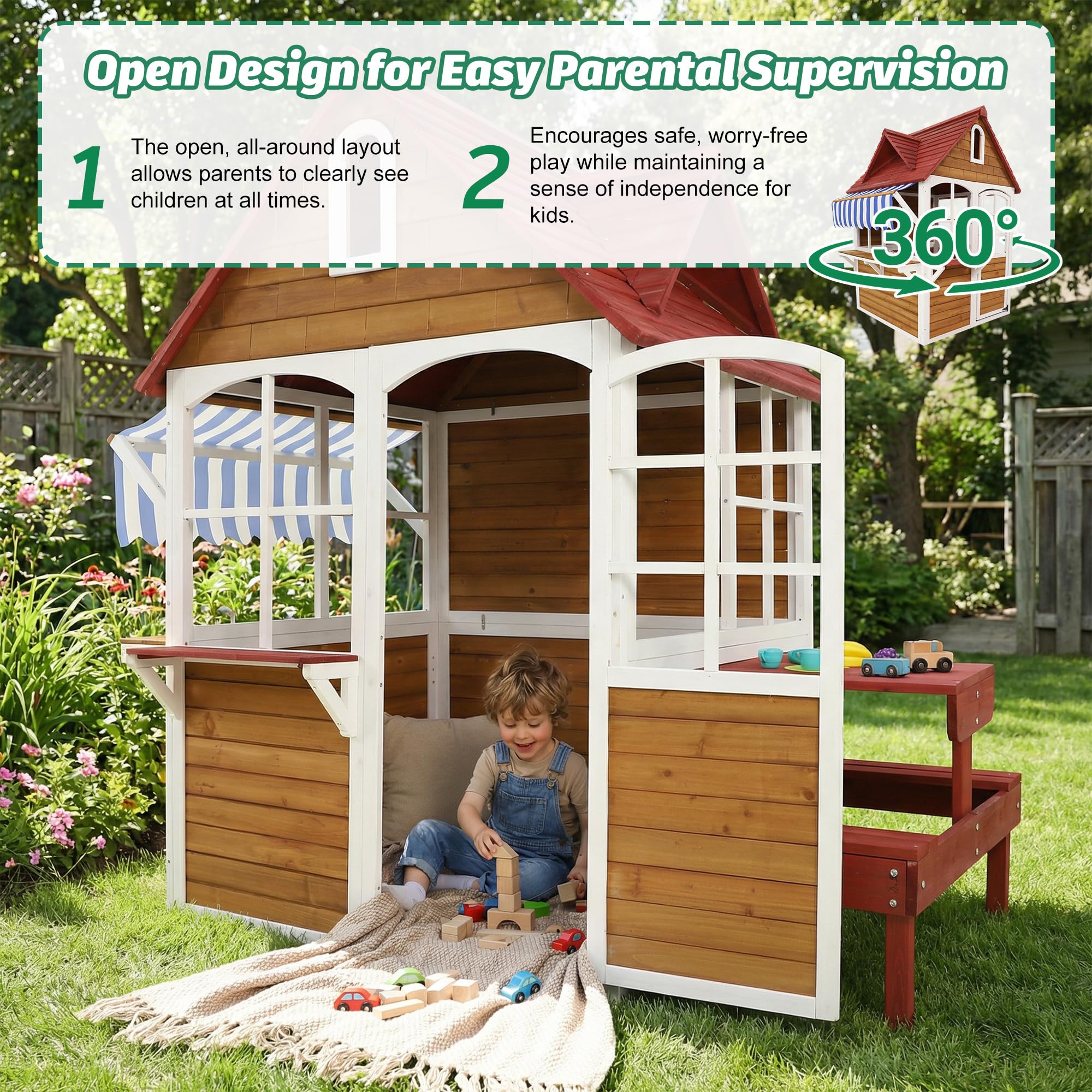 ANPOO Outdoor Wooden Kids Playhouse, Large Play House with Bench/Table/Kitchen/Flower Pot Holders/Toys, Outdoor Play Toy Gift for Ages 3+