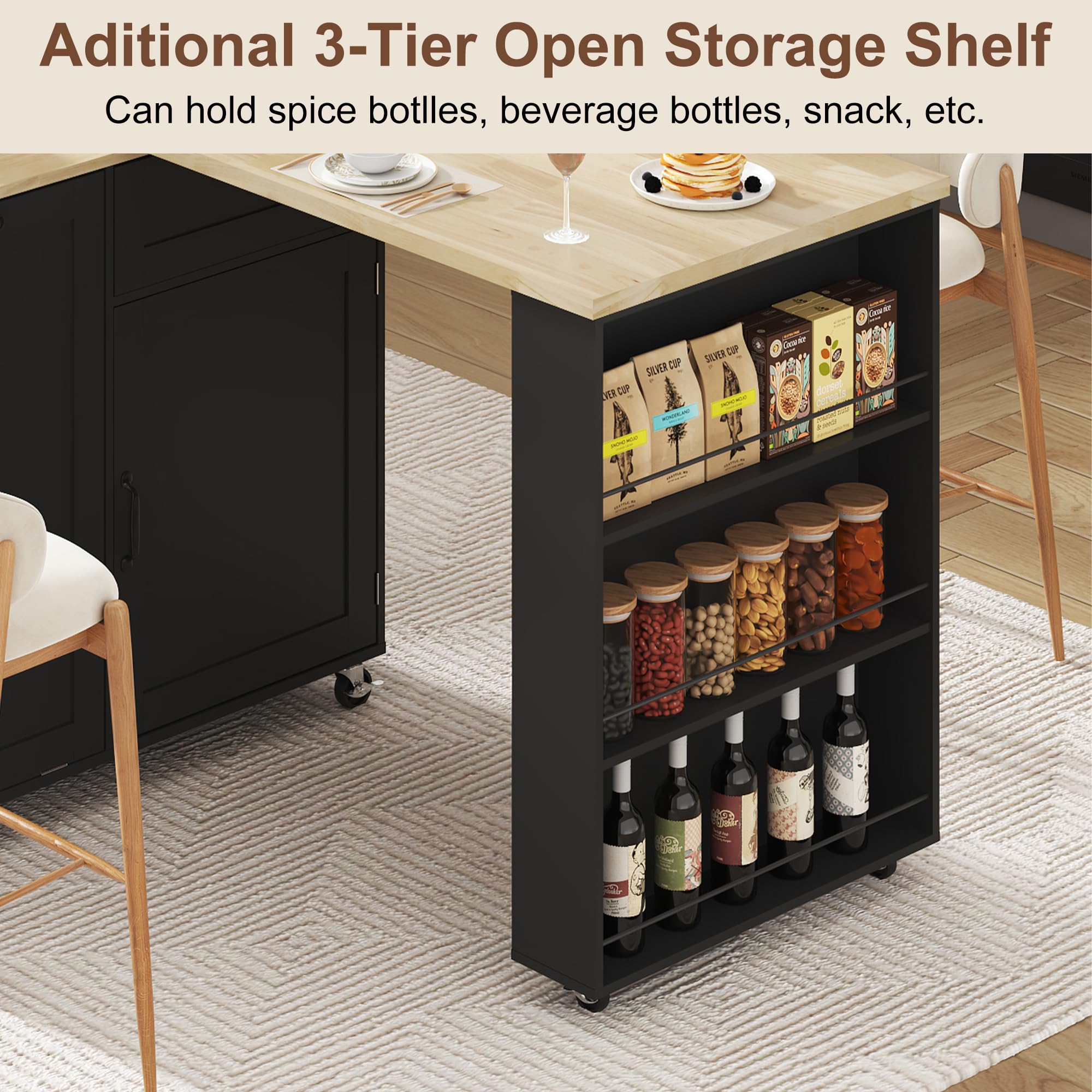 ANPOO 360° Rotating Rolling Kitchen Island Cart with Tilt-Out Trash Bin, Extendable Table, Spice Rack, Storage Cabinet & Drawer, Lockable Wheels, Modern Wooden Cart for Kitchens & Dining Rooms