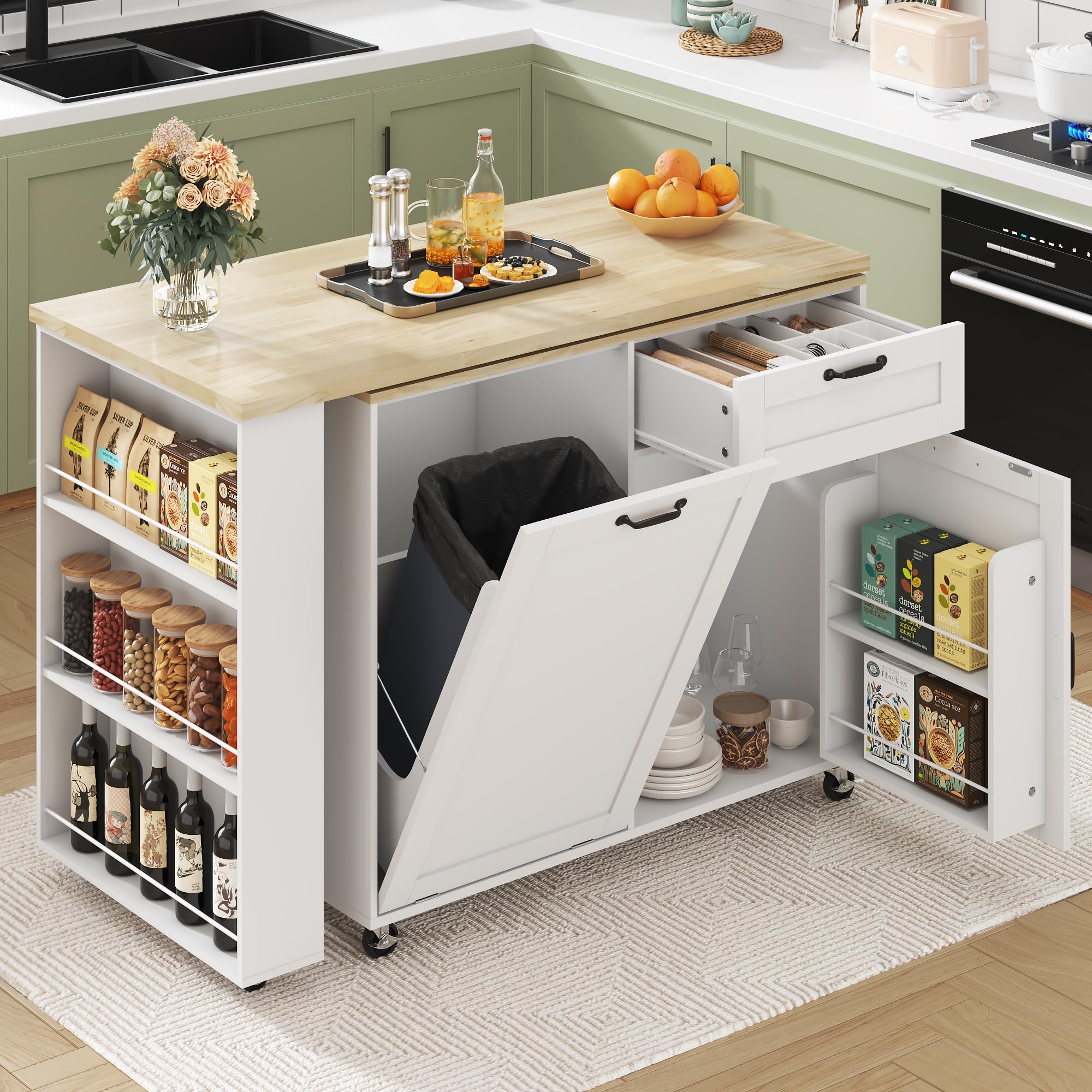ANPOO 360° Rotating Rolling Kitchen Island Cart with Tilt-Out Trash Bin, Extendable Table, Spice Rack, Storage Cabinet & Drawer, Lockable Wheels, Modern Wooden Cart for Kitchens & Dining Rooms
