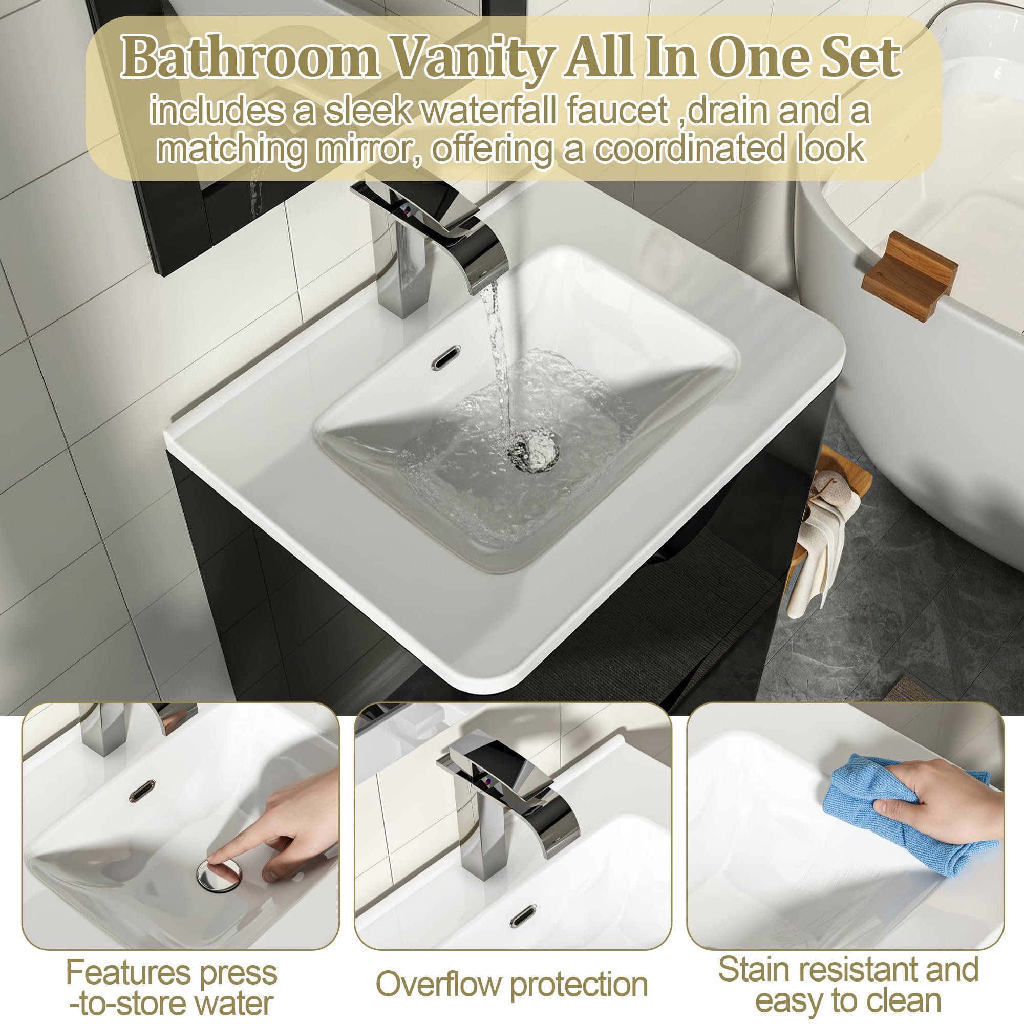 ANPOO 24 Inch High Gloss Bathroom Vanity with Sink, Mirror and Faucet, Freestanding Storage Cabinet with 2 Drawers, Modern Ceramic Sink Vanity Combo