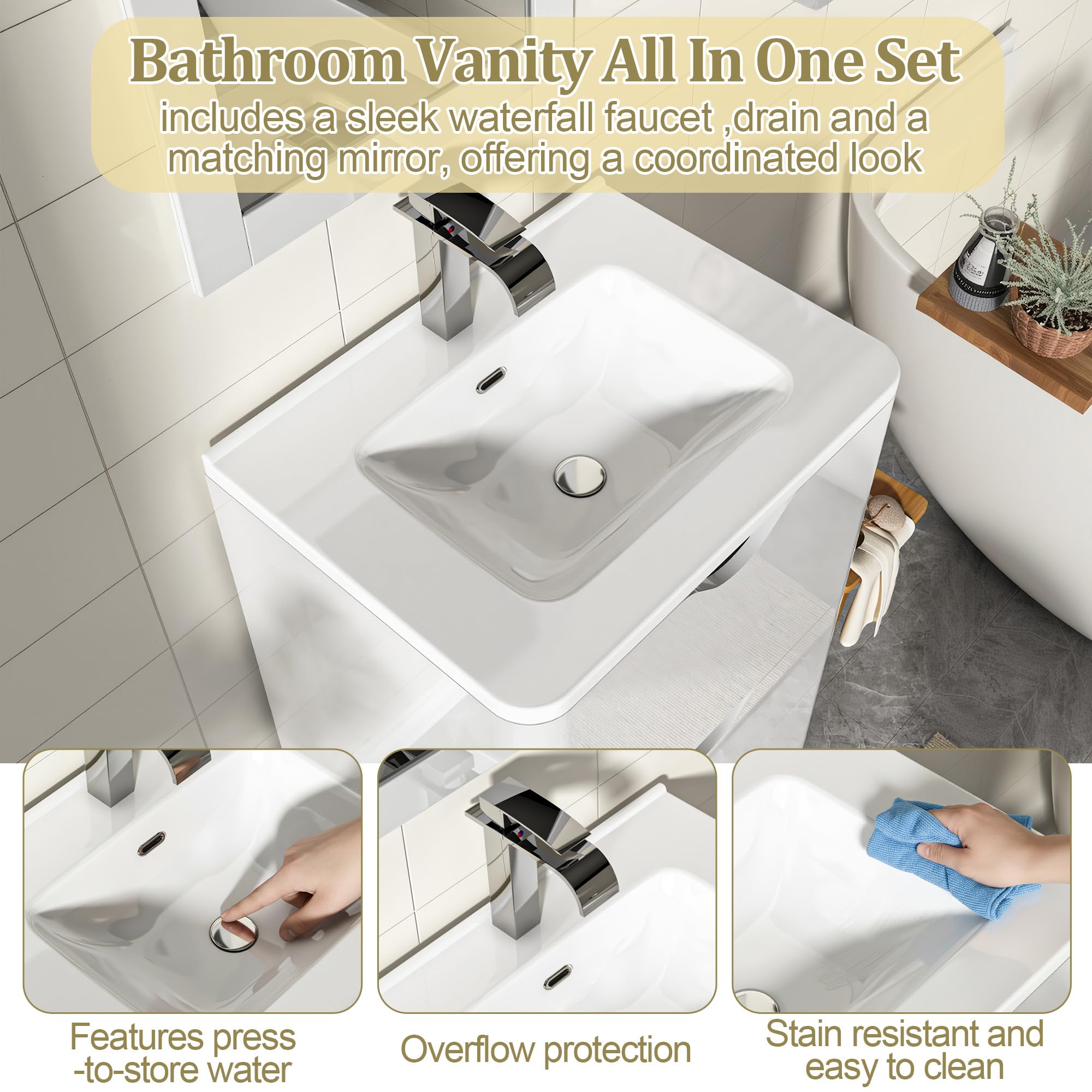 ANPOO 24 Inch High Gloss Bathroom Vanity with Sink, Mirror and Faucet, Freestanding Storage Cabinet with 2 Drawers, Modern Ceramic Sink Vanity Combo