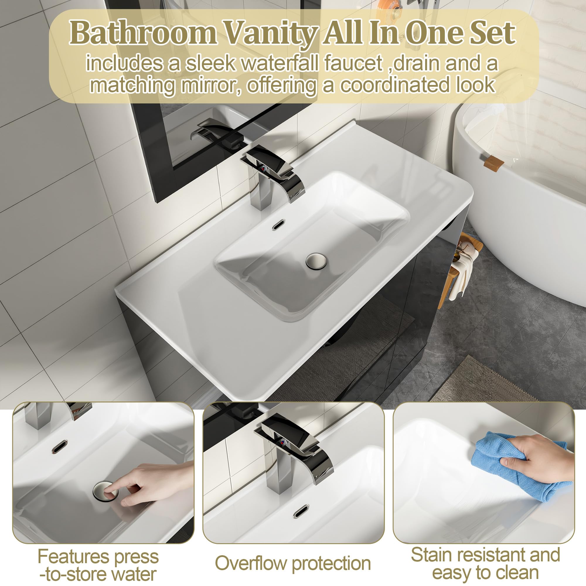 ANPOO 24 Inch High Gloss Bathroom Vanity with Sink, Mirror and Faucet, Freestanding Storage Cabinet with 2 Drawers, Modern Ceramic Sink Vanity Combo