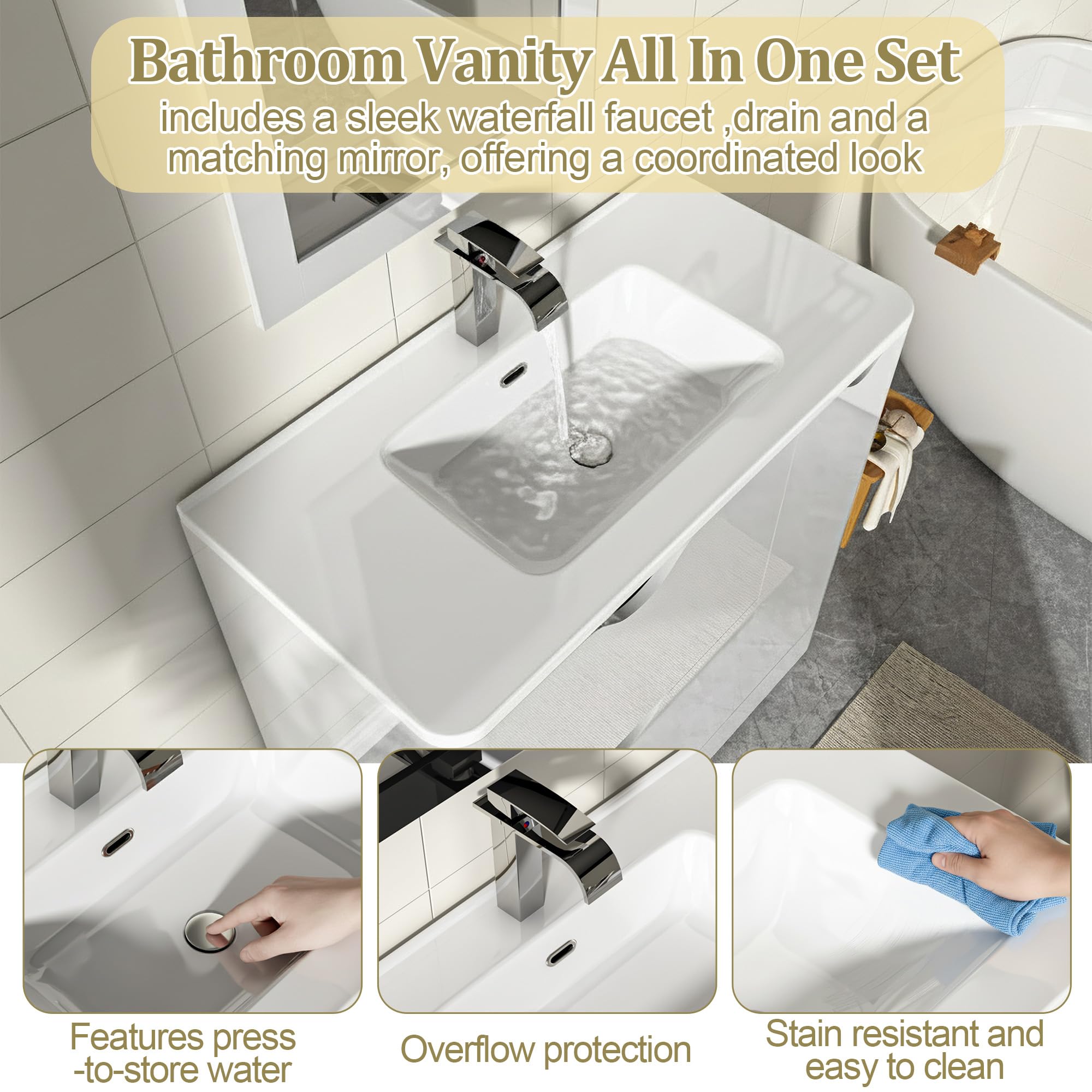 ANPOO 24 Inch High Gloss Bathroom Vanity with Sink, Mirror and Faucet, Freestanding Storage Cabinet with 2 Drawers, Modern Ceramic Sink Vanity Combo