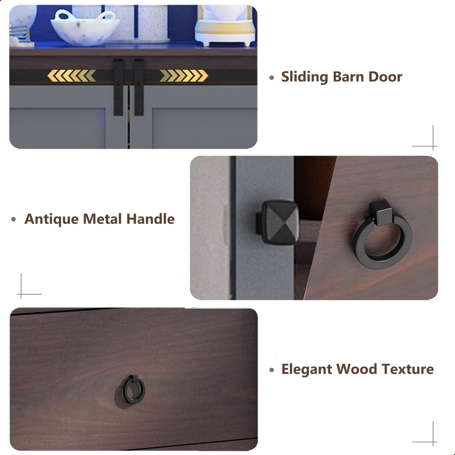 75" Tall Large Farmhouse Coffee Bar Cabinet, 63" Wide Buffet Sideboard with Barn Door, LED Lights, Outlets, 10 Wine Bottle/12 Wine Glasses Rack, 2 Drawers