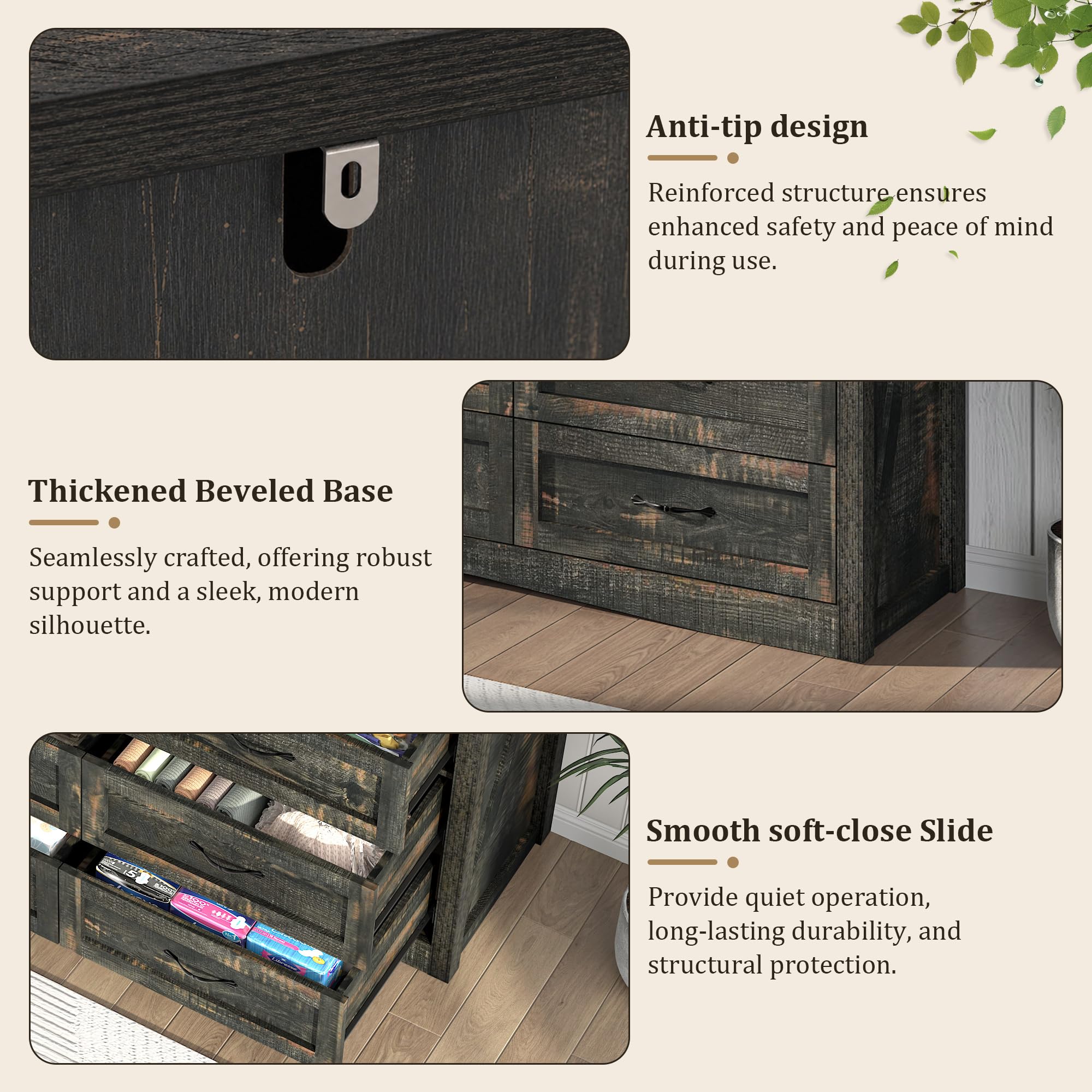 ANPOO 63 Inch Wide Rustic Farmhouse 12 Drawer Dresser, Vintage Wood Chest with Built-in Multi Power Outlet, Wood Dresser for Bedroom, Living Room, Hallway