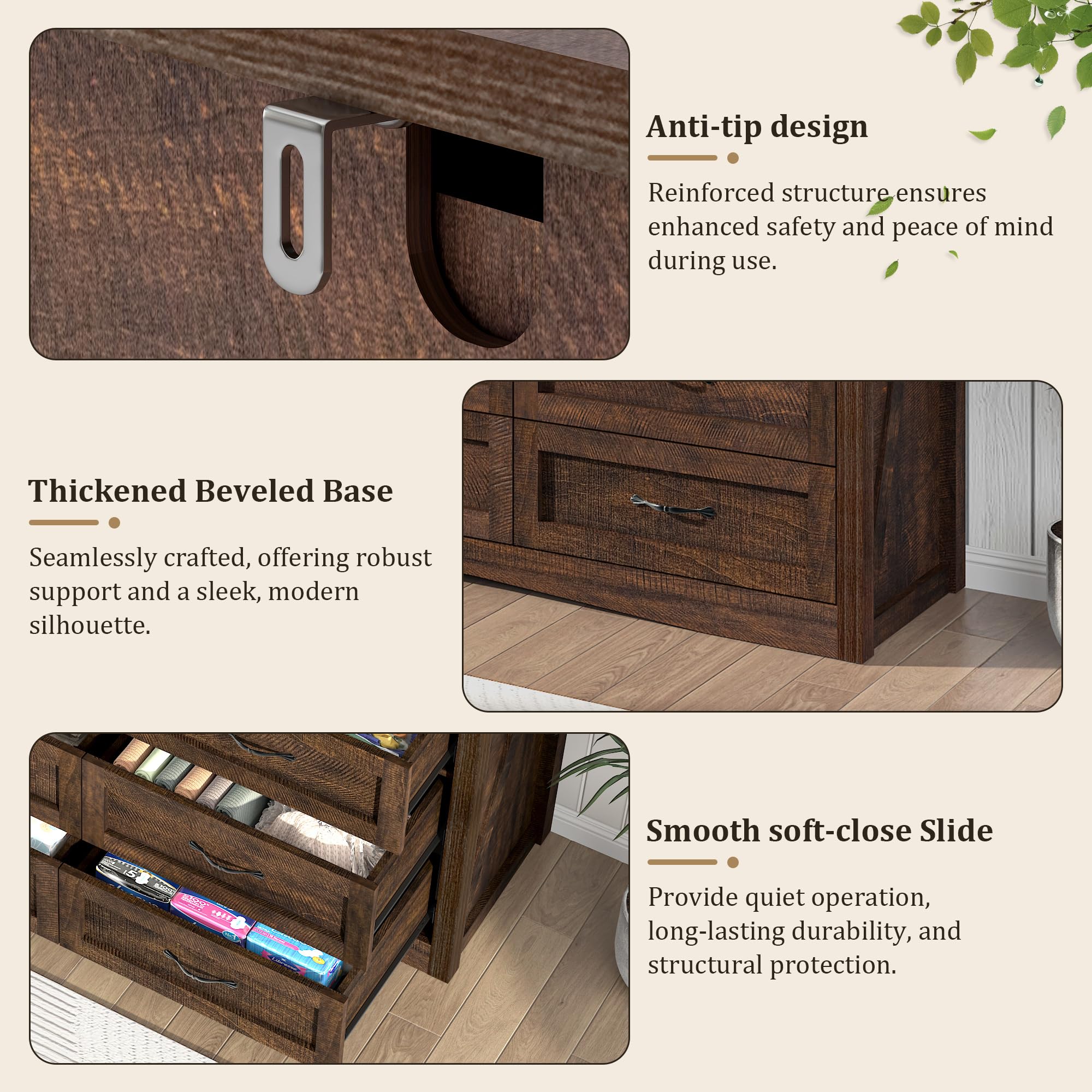 ANPOO 63 Inch Wide Rustic Farmhouse 12 Drawer Dresser, Vintage Wood Chest with Built-in Multi Power Outlet, Wood Dresser for Bedroom, Living Room, Hallway