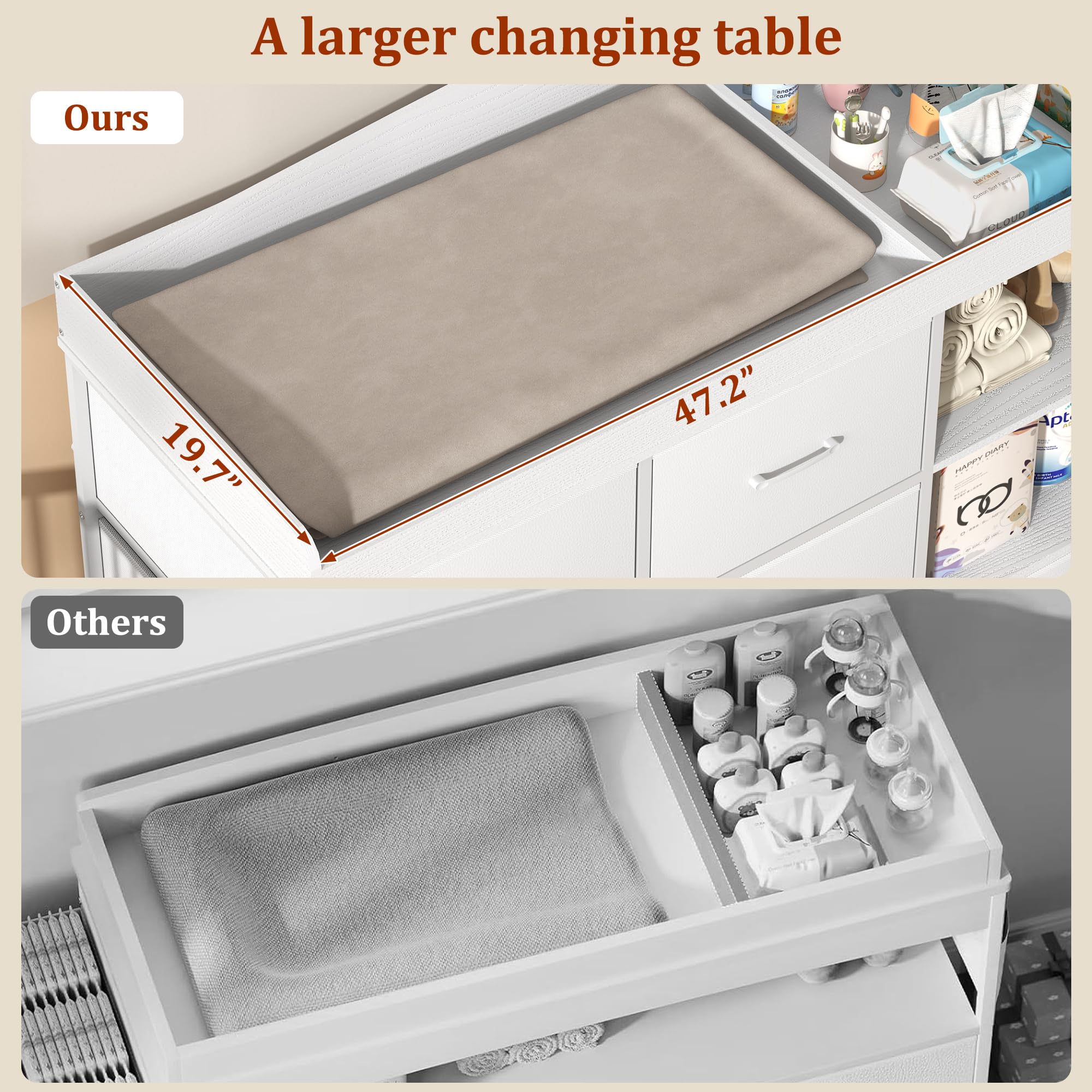 ANPOO Baby Changing Table Dresser with 7 Fabric Drawers, Changing Top & Open Shelves, Nursery Storage Organizer White