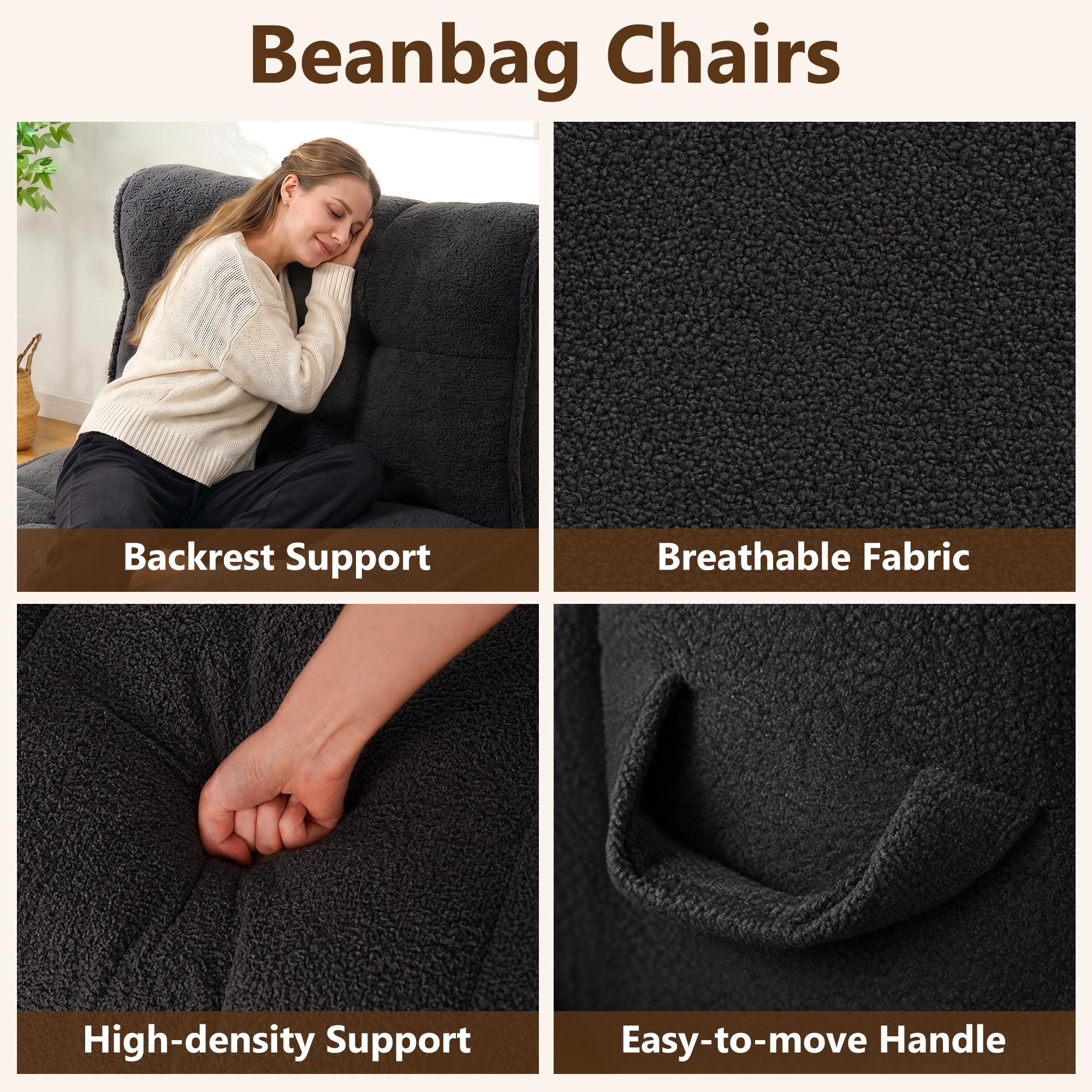 Chenille Bean Bag Floor Couch, Oversized Memory Foam Lazy Sofa, Plush Textured Floor Lounger for Bedroom, Living Room, Dorm & Game Room