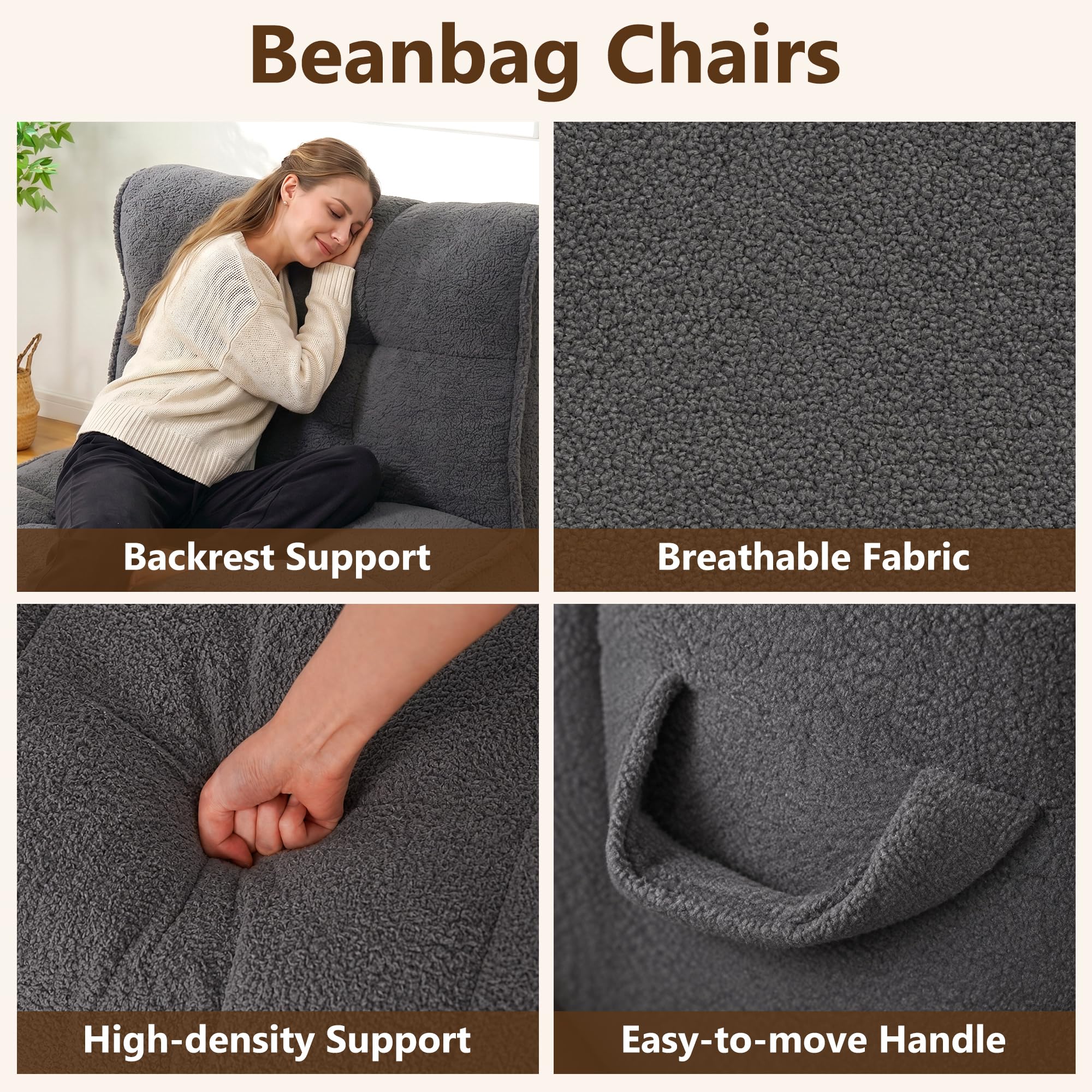 Chenille Bean Bag Floor Couch, Oversized Memory Foam Lazy Sofa, Plush Textured Floor Lounger for Bedroom, Living Room, Dorm & Game Room