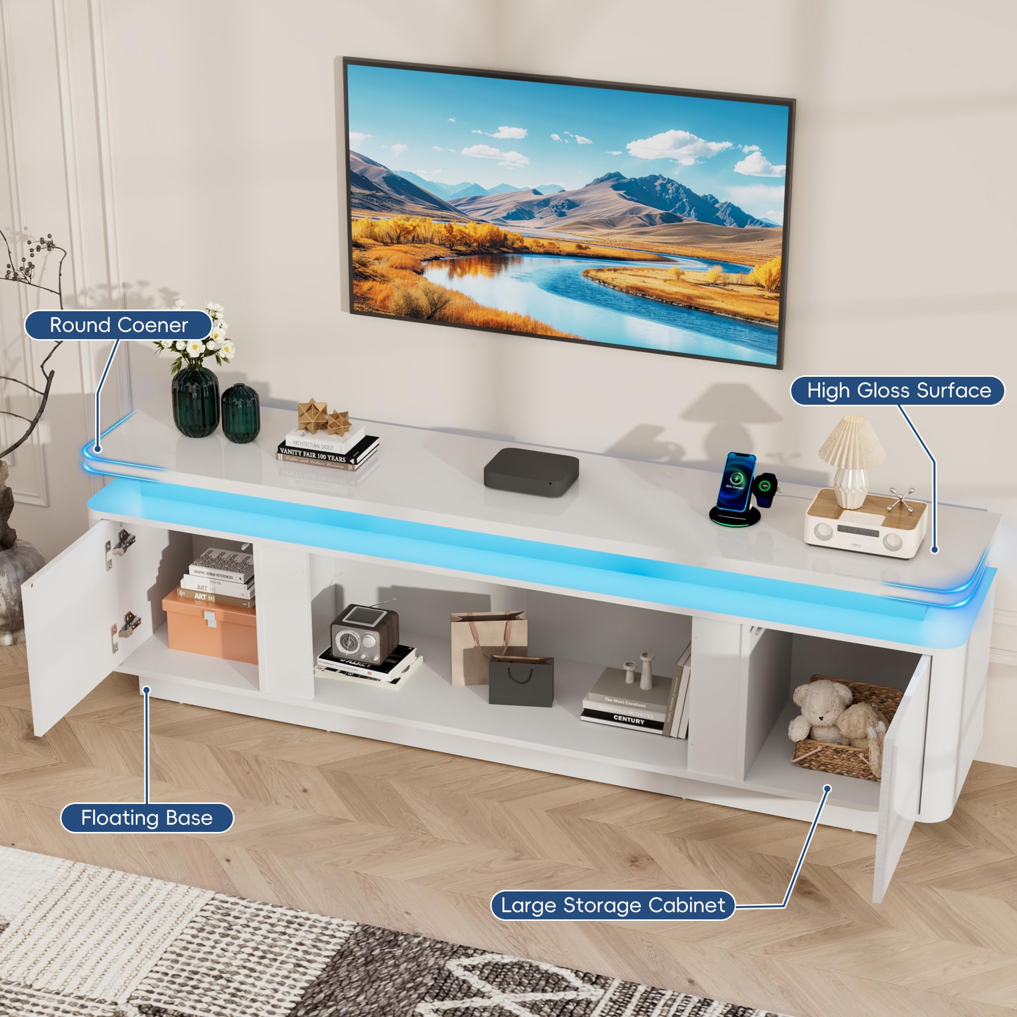  71 Inch White High Gloss Media Console, TV Cabinet With Power Strip, LED Lights & Storage For Up To 80 Inch Television