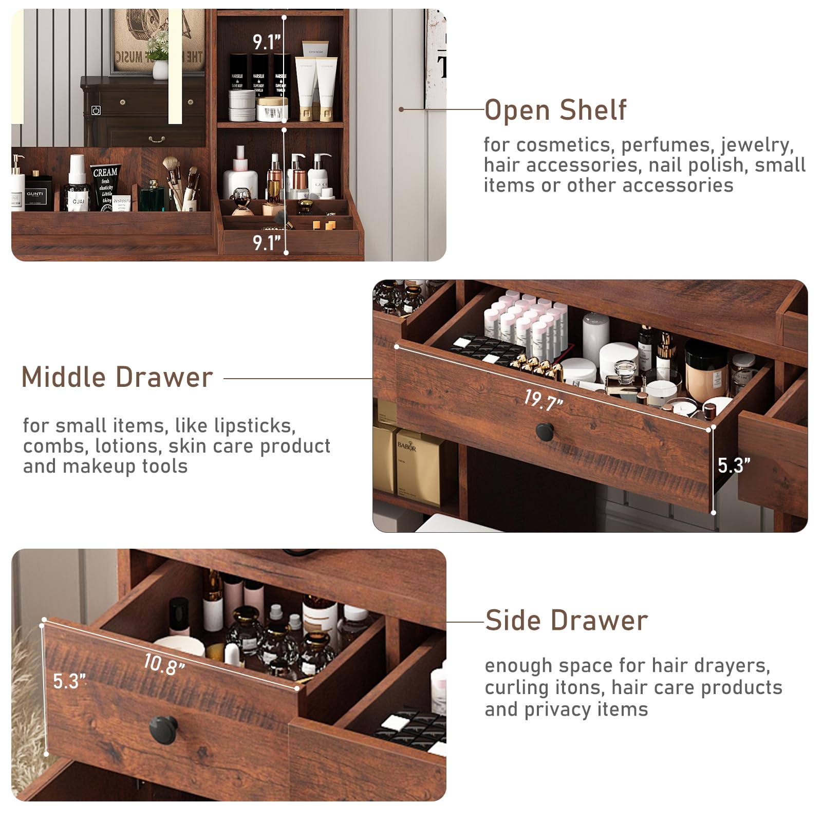 ANPOO Farmhouse Vanity Desk with Outlet & Stool, 43.2" Vanity Table Wood Makeup Desk with Mirror and Lights, Rustic LED Vanity Set for Women, Girls