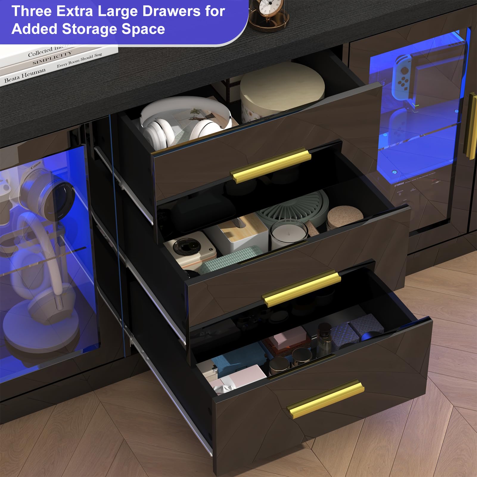 ChVans 69" Modern LED TV Stand for TVs up to 80" with Power Outlets, High Gloss Entertainment Center with Open Shelves & Storage Cabinets & Drawers for Living Room, Game Room, Bedroom