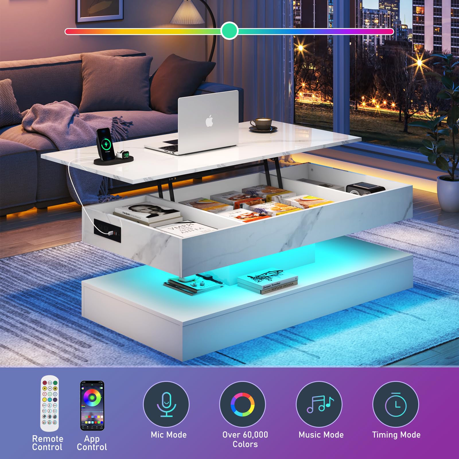 ChVans 47" Large Lift Top Coffee Table with Charging Station & LED Lights, High Glossy White LED Coffee Table with Hidden Compartment Storage, Modern Living Room Tables w/Marbling Print