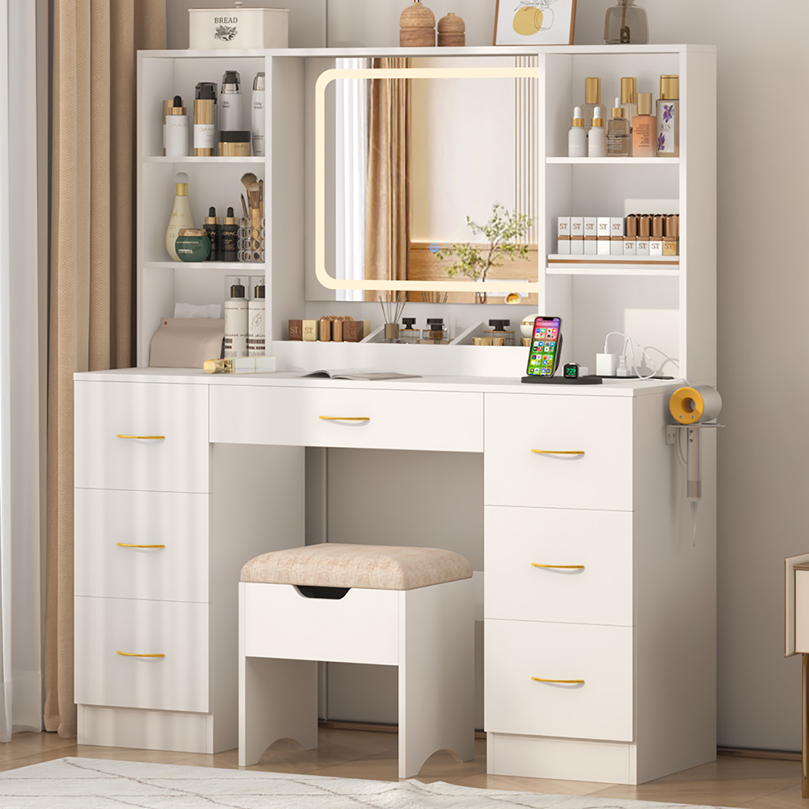 Large Vanity Desk Set with Mirror & LED Light & Power Outlet, 47" White Makeup Vanity with 6 Shelves & 7 Drawers for Women, Girls Gift