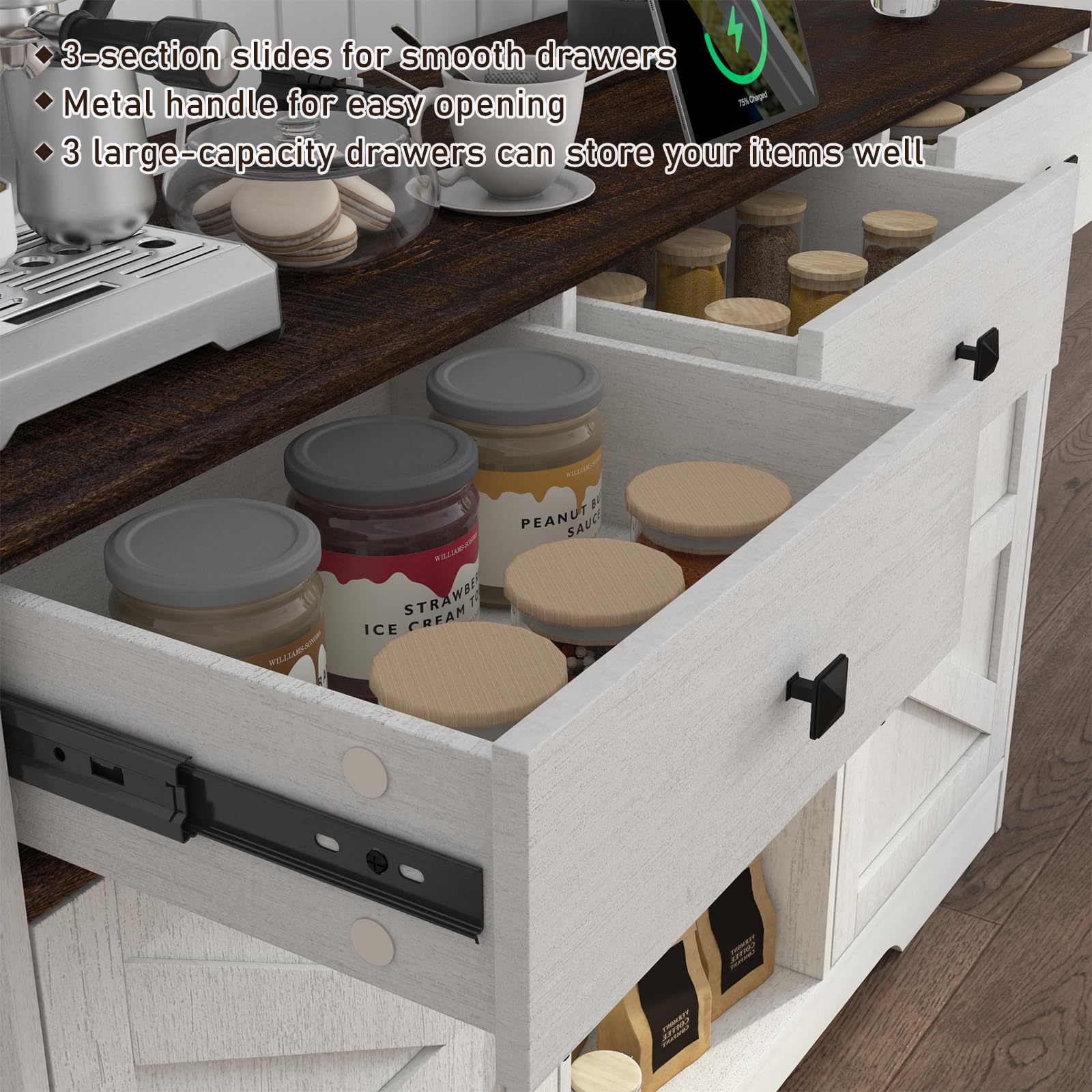 ChVans 54'' 3 Drawer Coffee Bar Cabinet with Power Charging Station & & 2 Doors