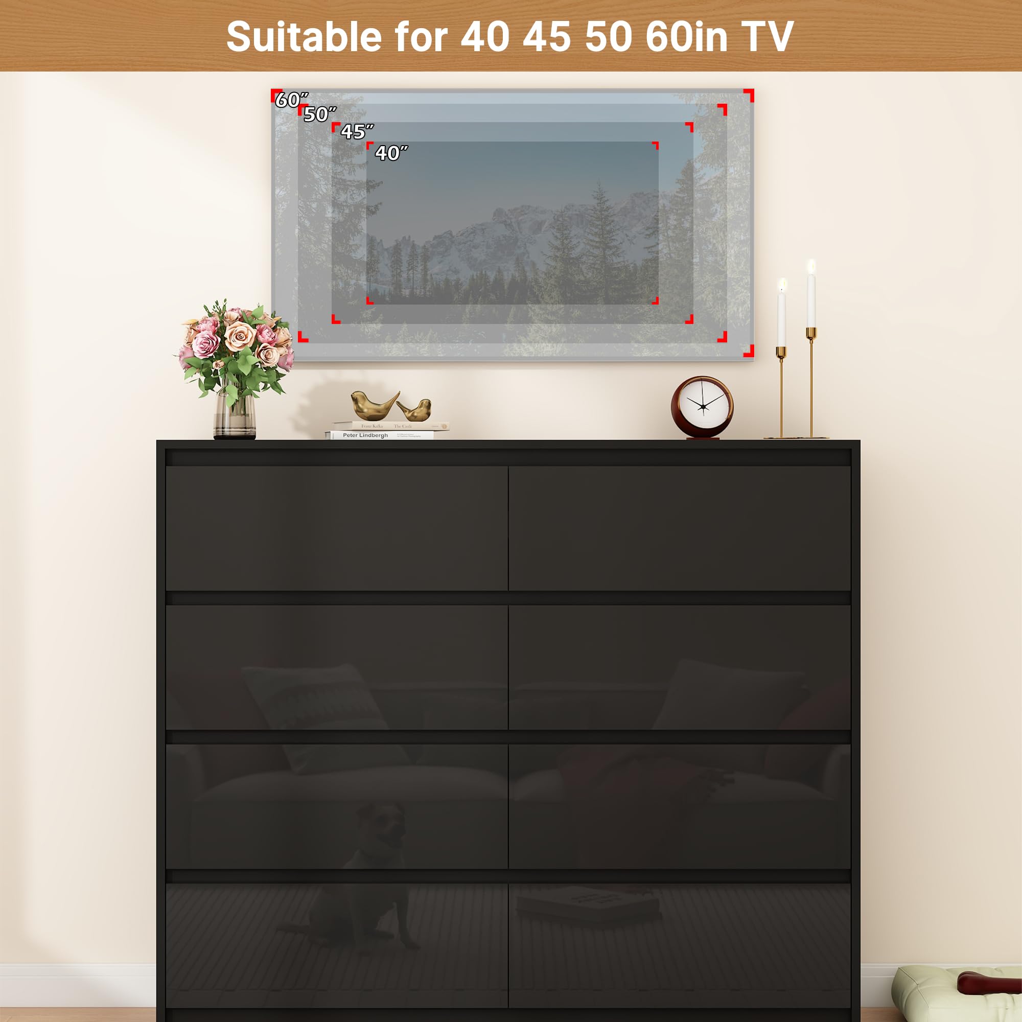 ChVans 8 Drawer Black Dresser for Bedroom, Modern High Gloss 8 Drawers Double Dressers, Wood Chest of Drawer Handle Free,Long Dresser for Bedroom,Living Room,Entryway,Hallway