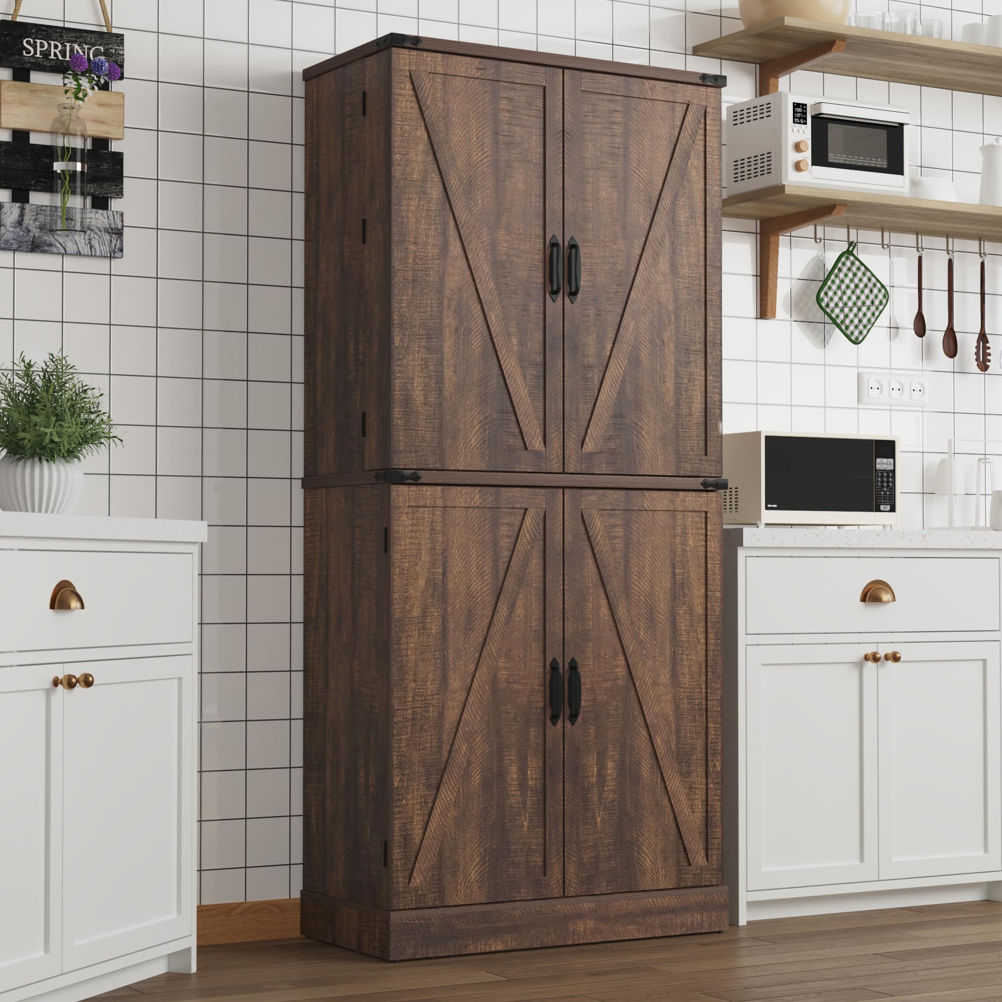 ChVans 71" Tall Farmhouse Kitchen Pantry with 6 Door Shelves & 3 Pack Drawers, 7 Layers Pantry Storage Cabinet w/Load-Bearing Steel Pipe/4 Barn Doors for Kitchen, Dining Room, Living Room,Brown