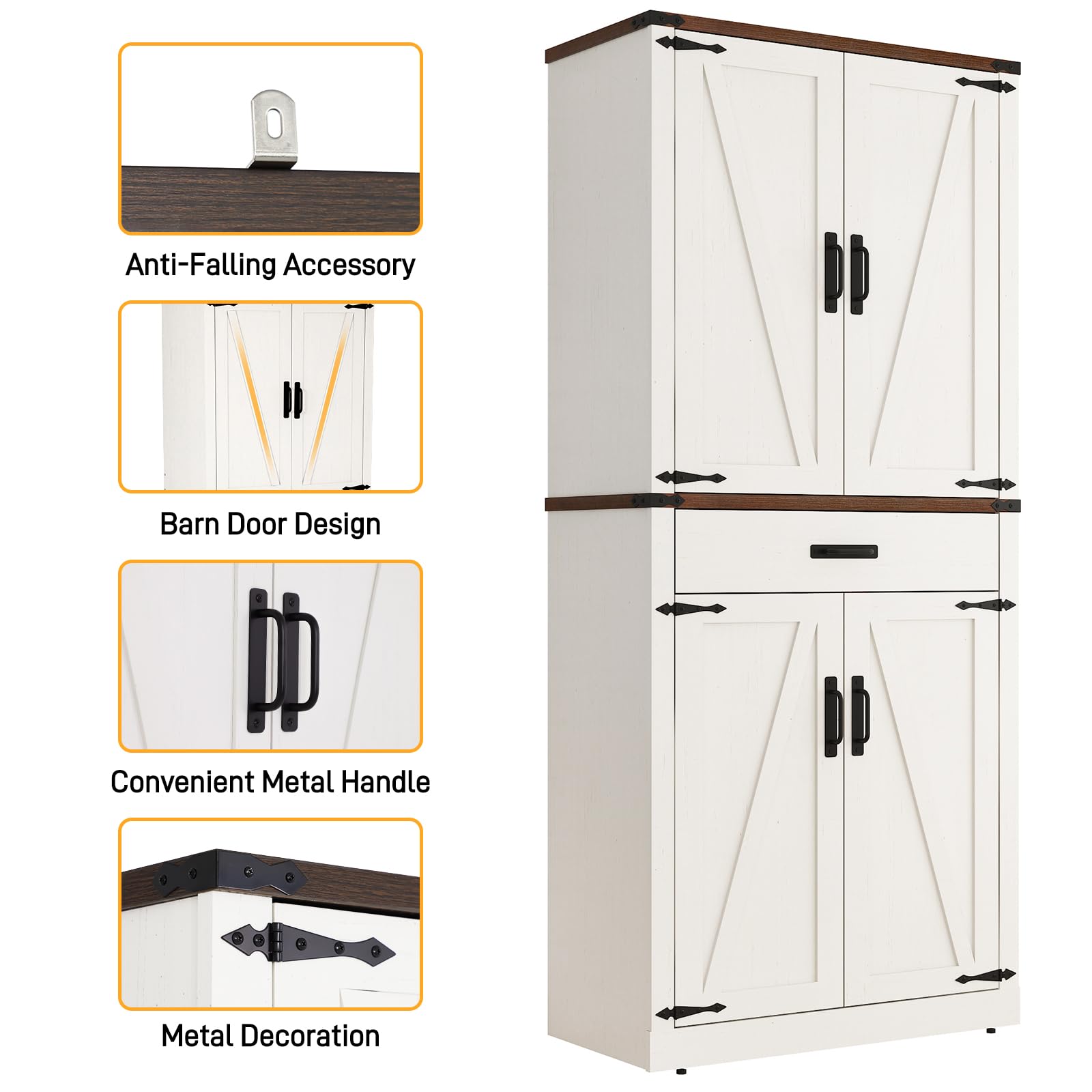 ChVans 72" Tall Farmhouse Kitchen Pantry with Drawer & Adjustable Shelves, 5 Layers Pantry Storage Cabinet w/Load-Bearing Steel Pipe & 4 Barn Doors for Kitchen, Dining Room, Living Room,Brown