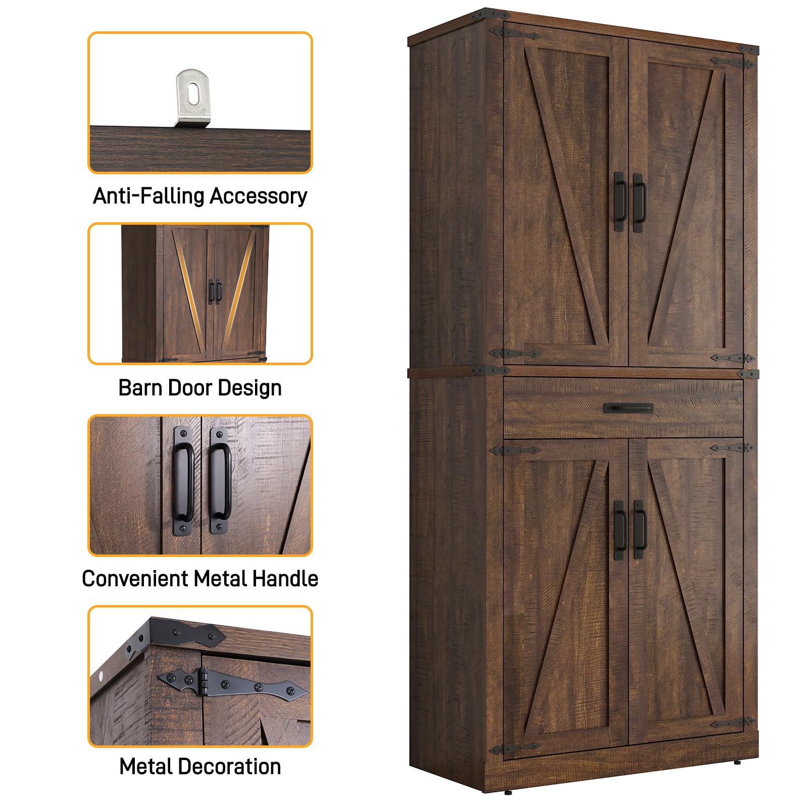 ChVans 72" Tall Farmhouse Kitchen Pantry with Drawer & Adjustable Shelves, 5 Layers Pantry Storage Cabinet w/Load-Bearing Steel Pipe & 4 Barn Doors for Kitchen, Dining Room, Living Room,Brown