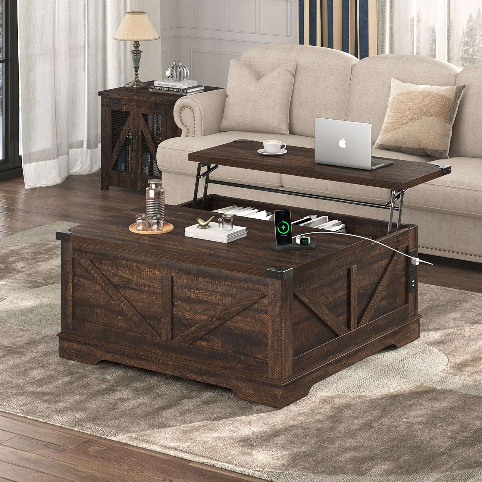 ChVans 35.6" Square Lift Top Coffee Table, Farmhouse Coffee Table with Storage & Charging Ports, Wood Center Table w/Large Hidden Space for Living Room Home Office, Brown