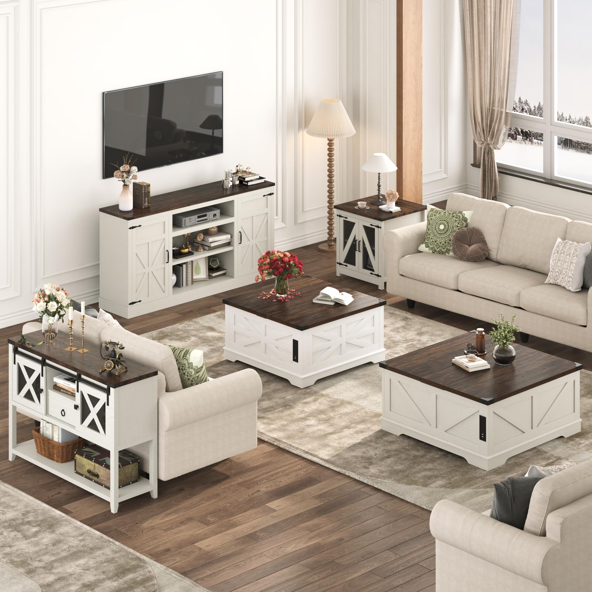 ChVans 35.6" Square Lift Top Coffee Table, Farmhouse Coffee Table with Storage & Charging Ports, Wood Center Table w/Large Hidden Space for Living Room Home Office, Brown