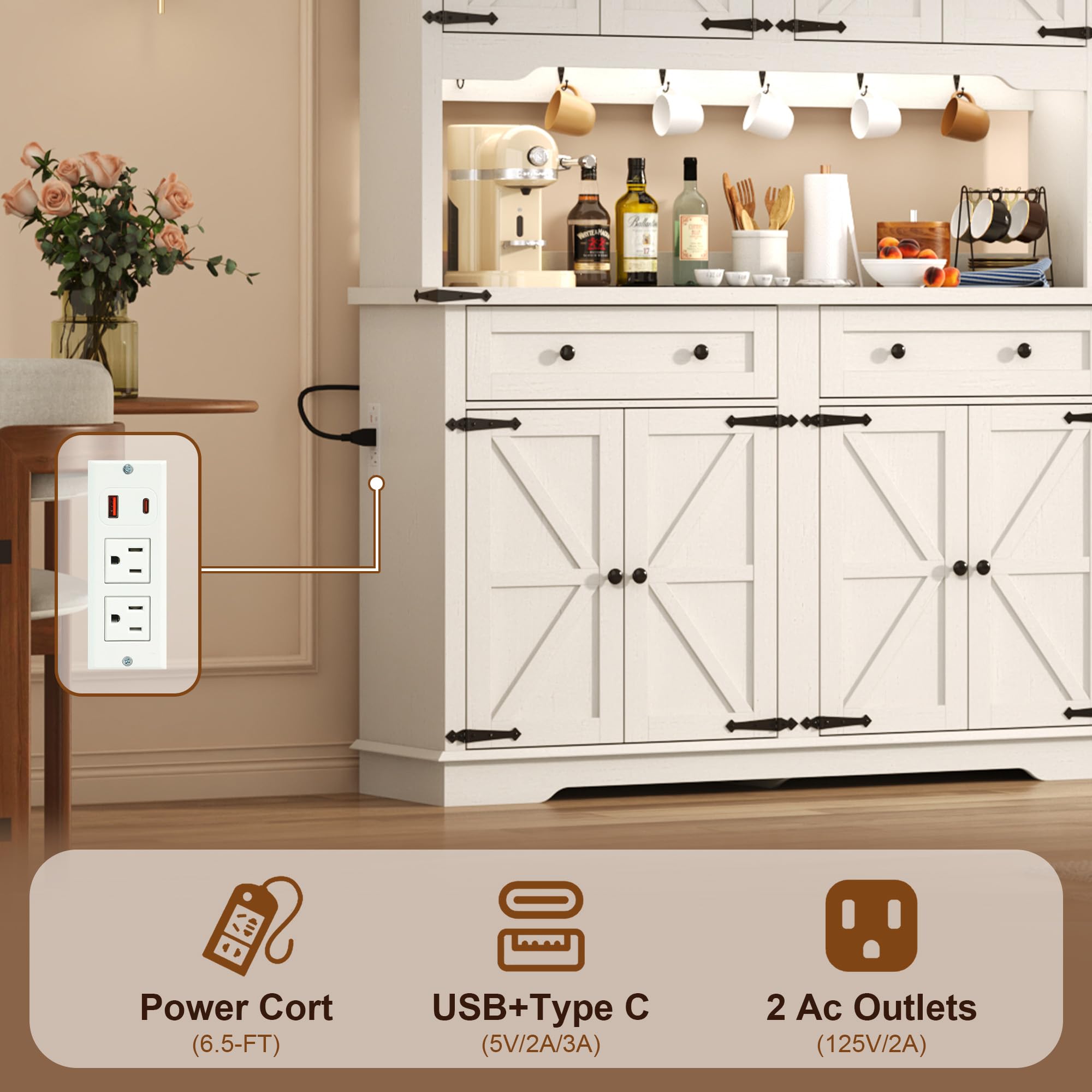 ANPOO 71" Tall Farmhouse Kitchen Pantry Cabinet with LED Light, Power Outlet & 4 Doors with Door-mounted Storage, Large Freestanding Storage Hutch with Open Countertop for Dining Room, Living Room