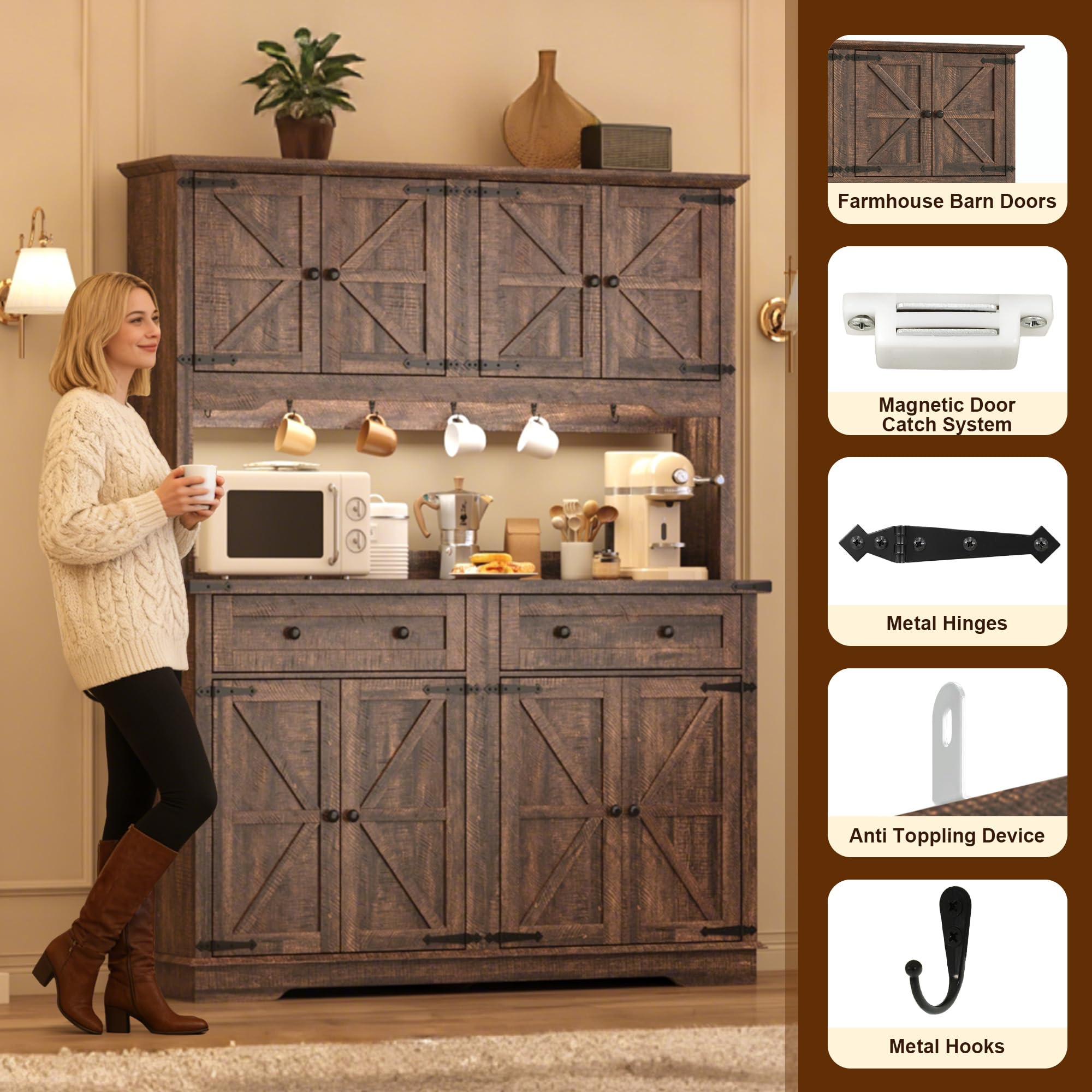 ANPOO 71" Tall Farmhouse Kitchen Pantry Cabinet with LED Light, Power Outlet & 4 Doors with Door-mounted Storage, Large Freestanding Storage Hutch with Open Countertop for Dining Room, Living Room