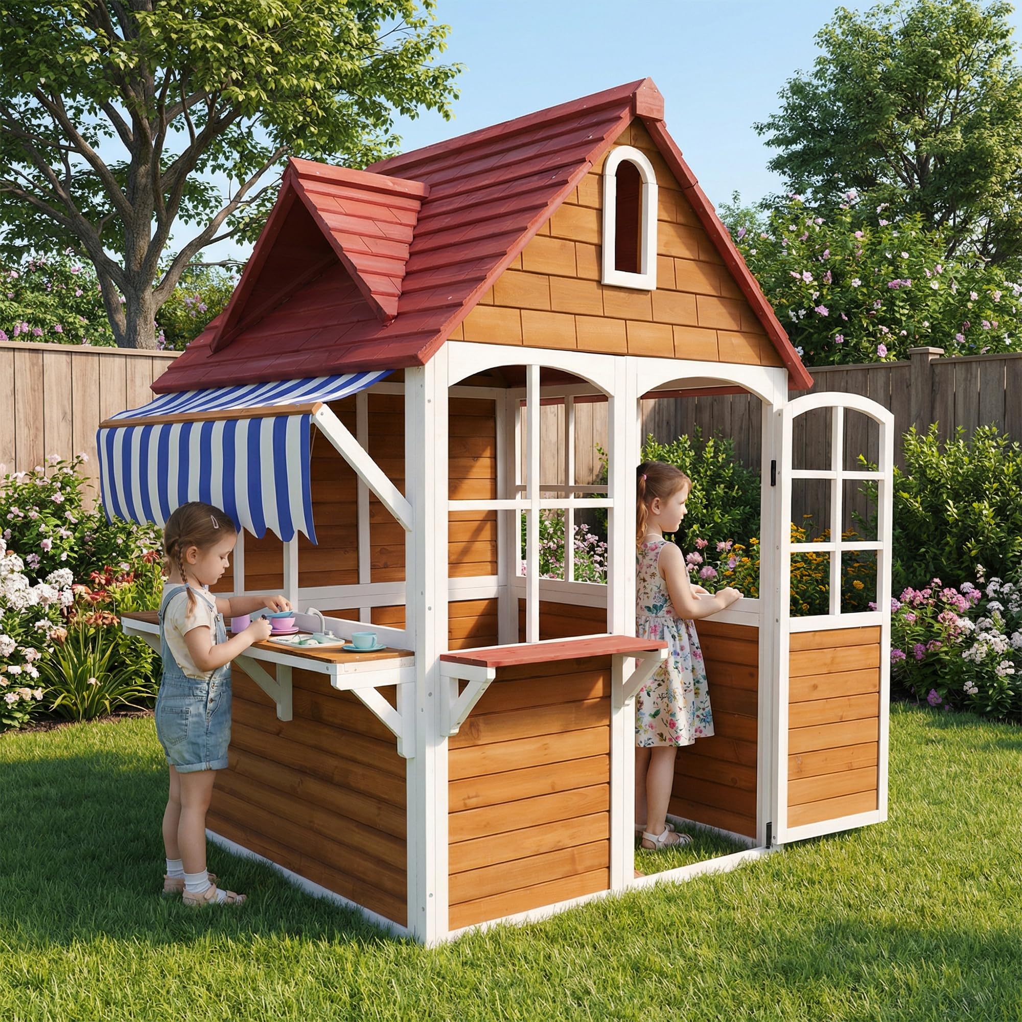 ANPOO Outdoor Wooden Kids Playhouse, Large Play House with Bench/Table/Kitchen/Flower Pot Holders/Toys, Outdoor Play Toy Gift for Ages 3+